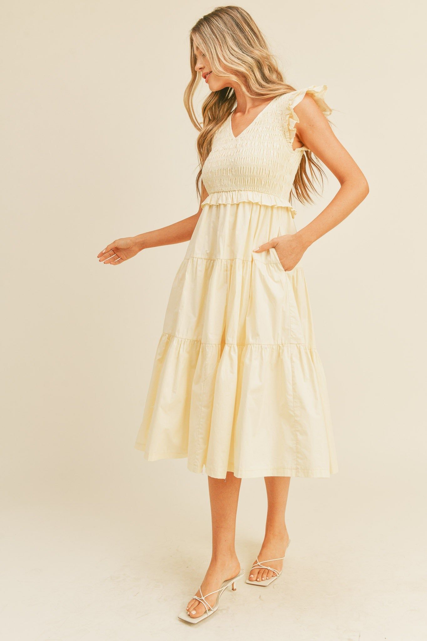 Cream Smocked Flutter Sleeve Tiered Maternity Midi Dress sold by Pinkblush product image thumbnail 4