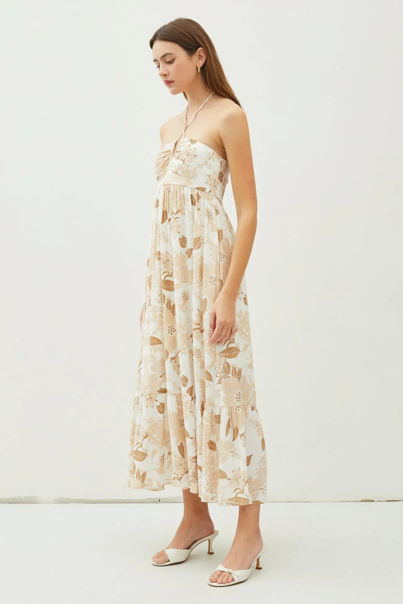 Beige Floral Ruched Front Halter Midi Dress sold by Pinkblush product image thumbnail 2