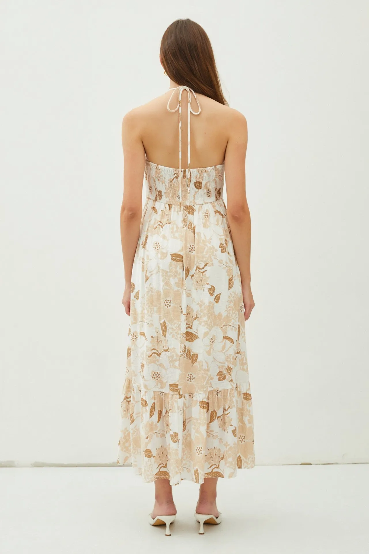 Beige Floral Ruched Front Halter Midi Dress sold by Pinkblush product image thumbnail 3