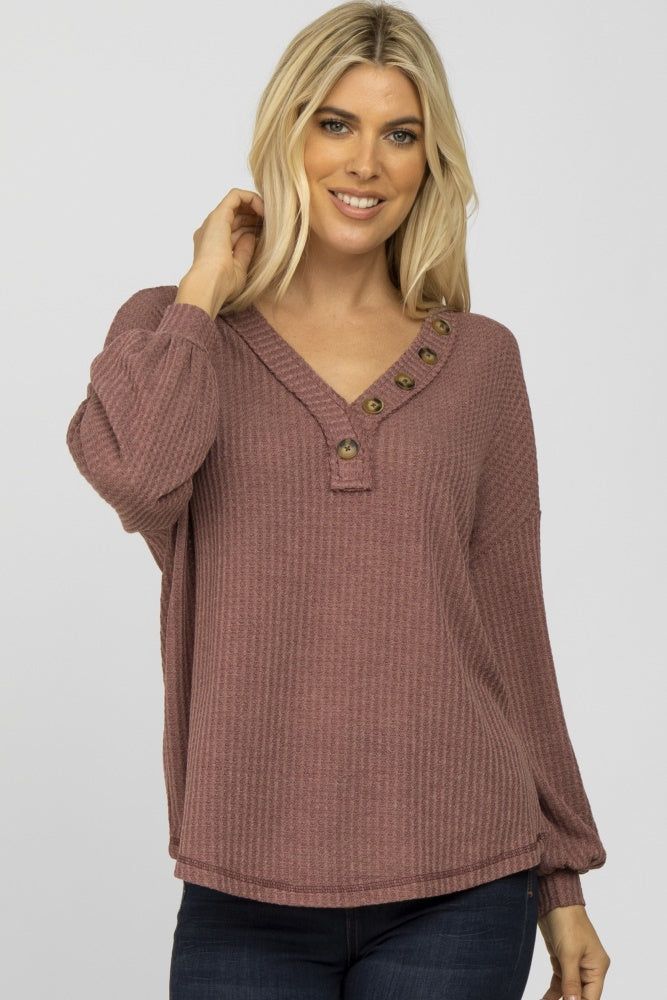 Dark Mauve Waffle Knit Button Accent Top sold by Pinkblush