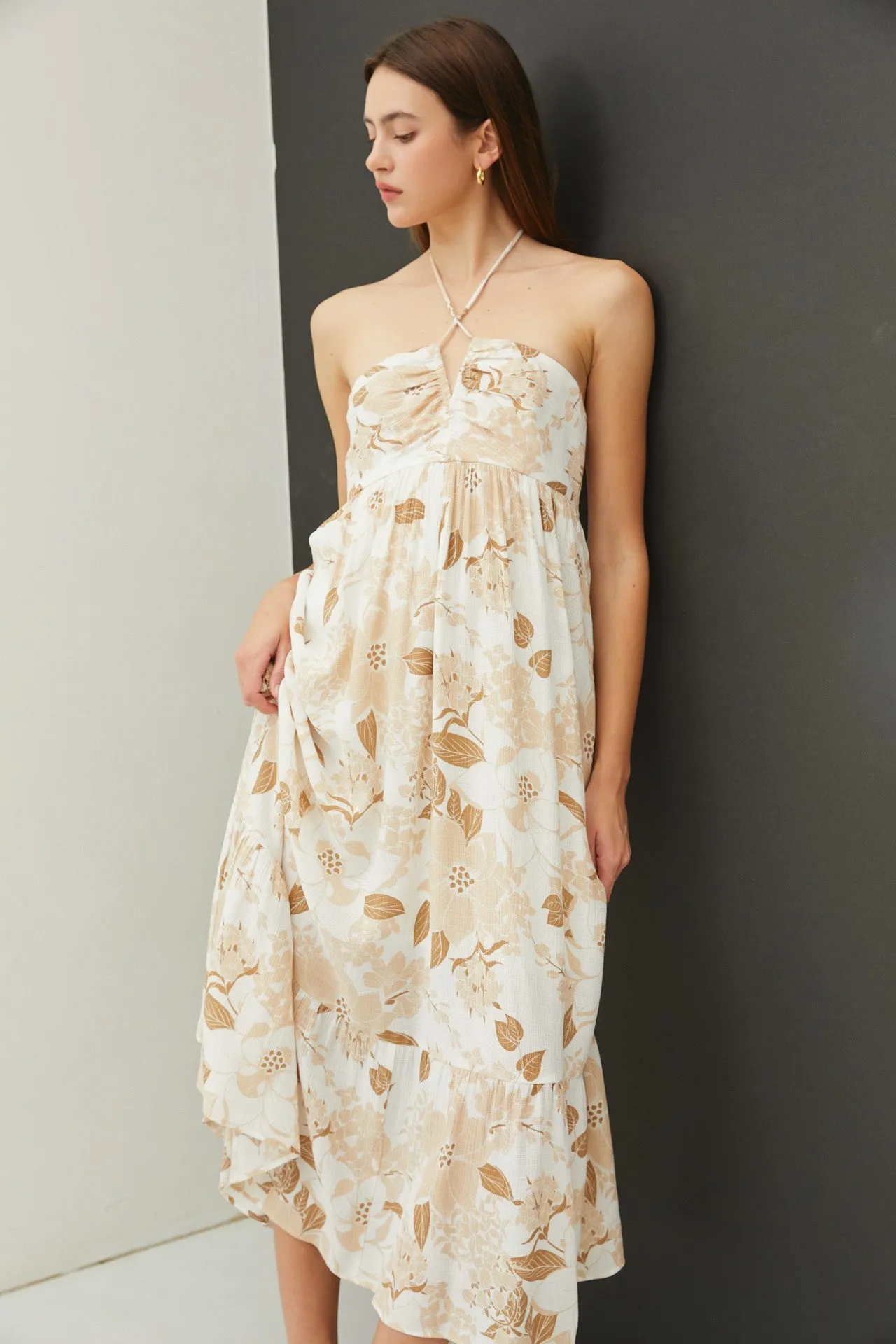 Beige Floral Ruched Front Halter Midi Dress sold by Pinkblush product image thumbnail 4