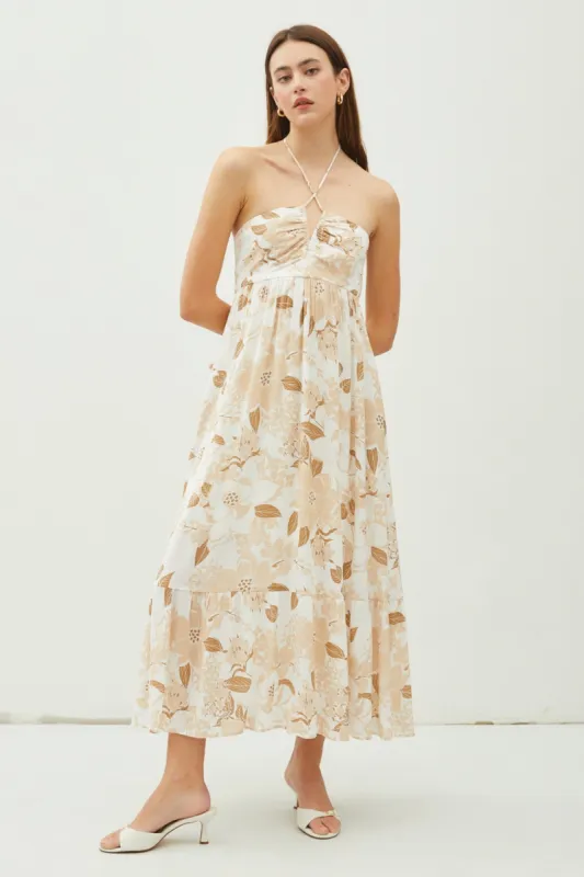 Beige Floral Ruched Front Halter Midi Dress sold by Pinkblush