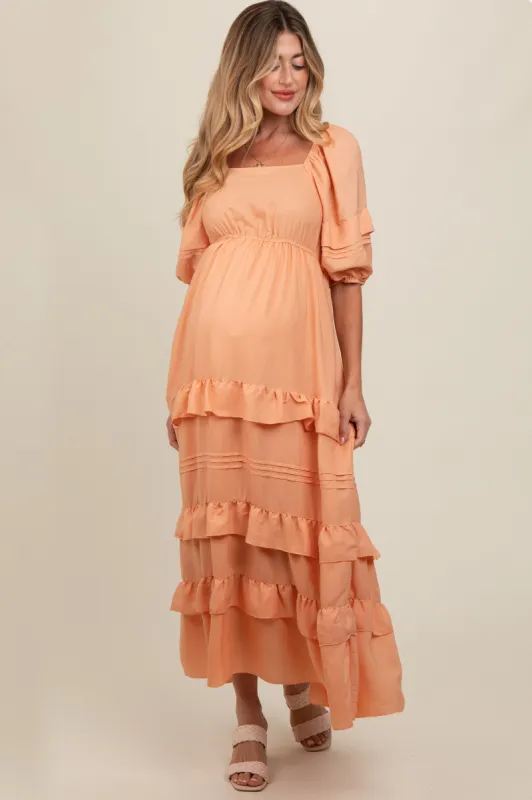 Peach Ruffle Tiered Maternity Maxi Dress sold by Pinkblush