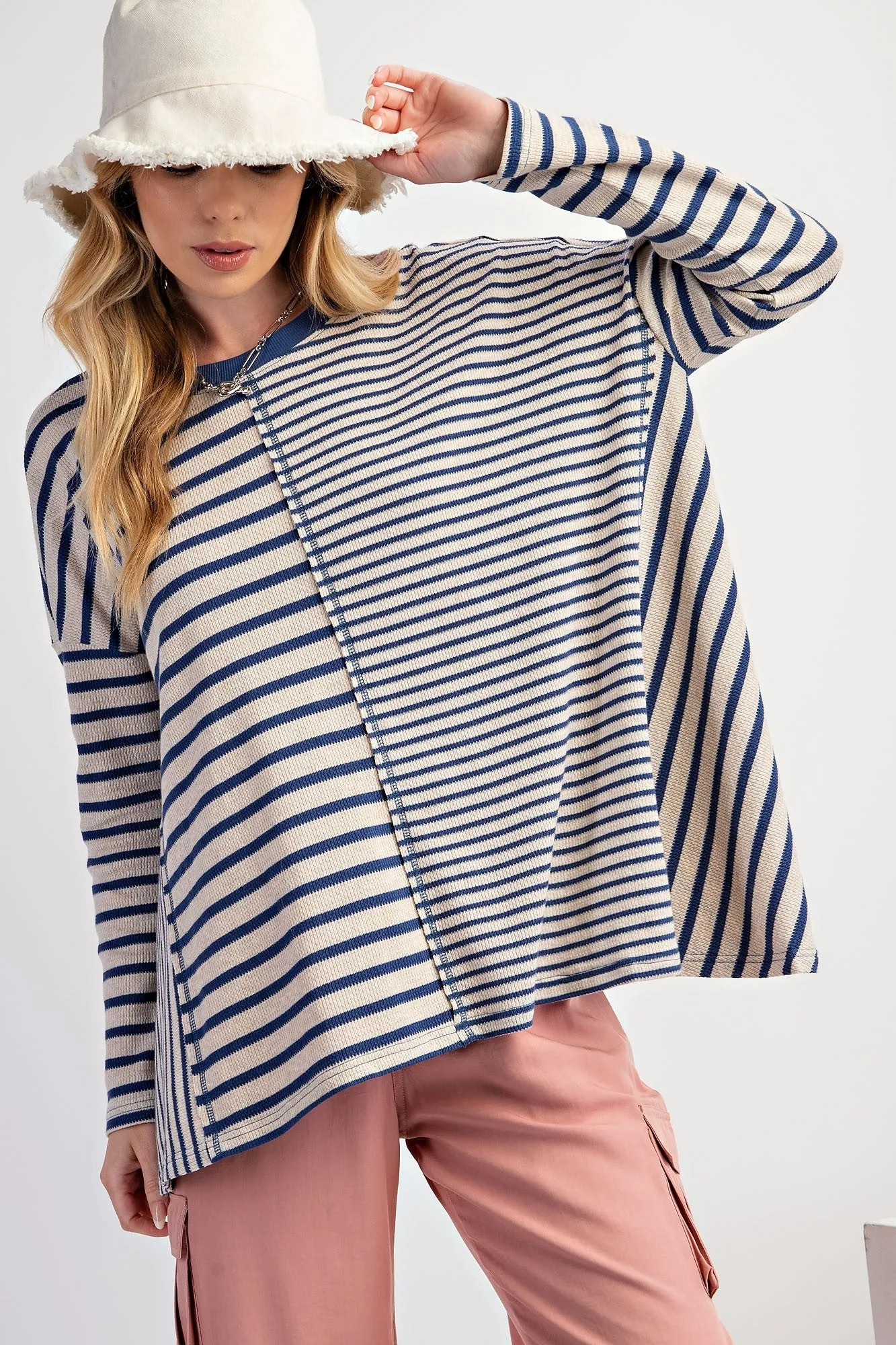 Navy Mixed Stripe Trapeze Top sold by Pinkblush