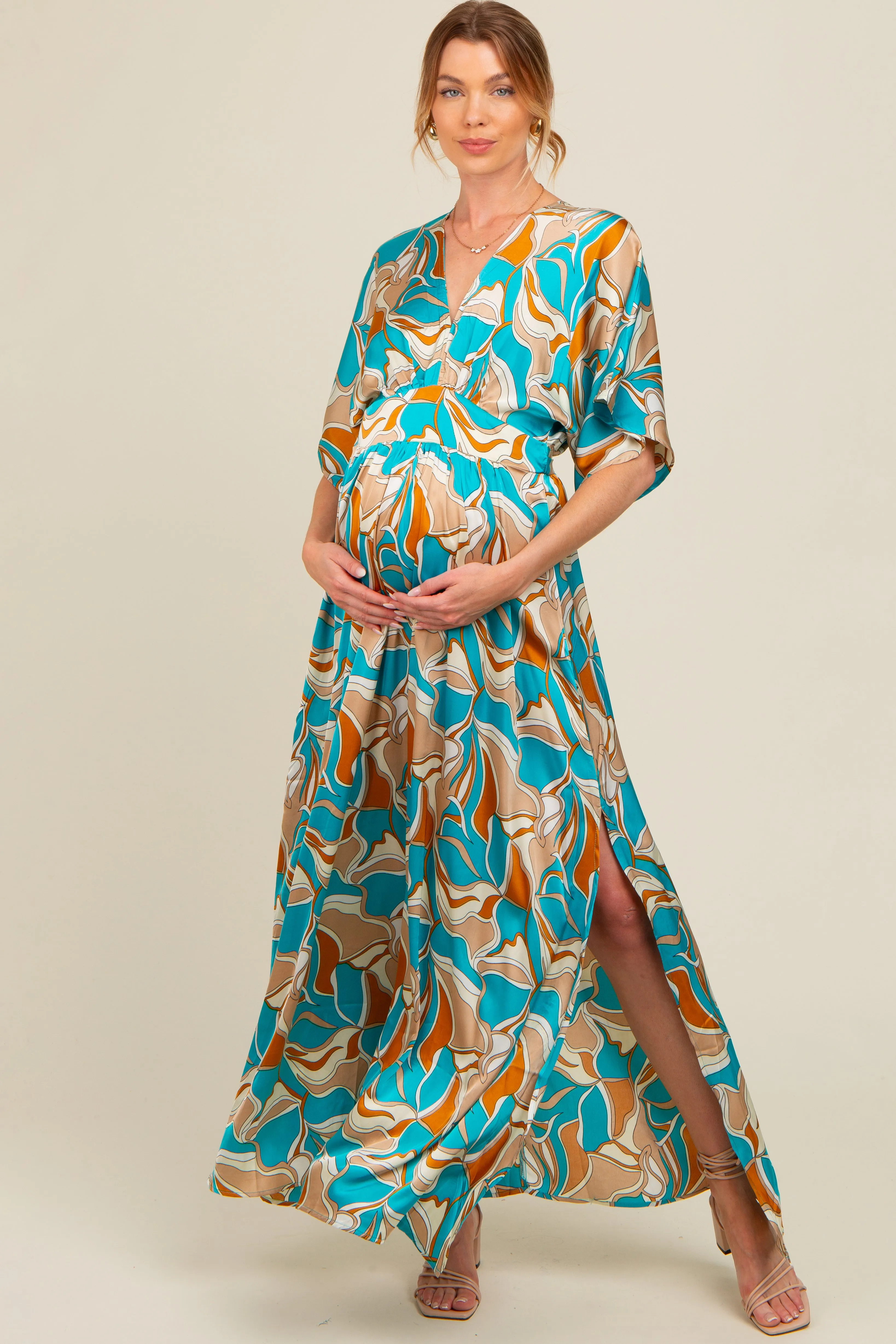 Light Blue Printed Deep V-Neck Maternity Maxi Dress sold by Pinkblush