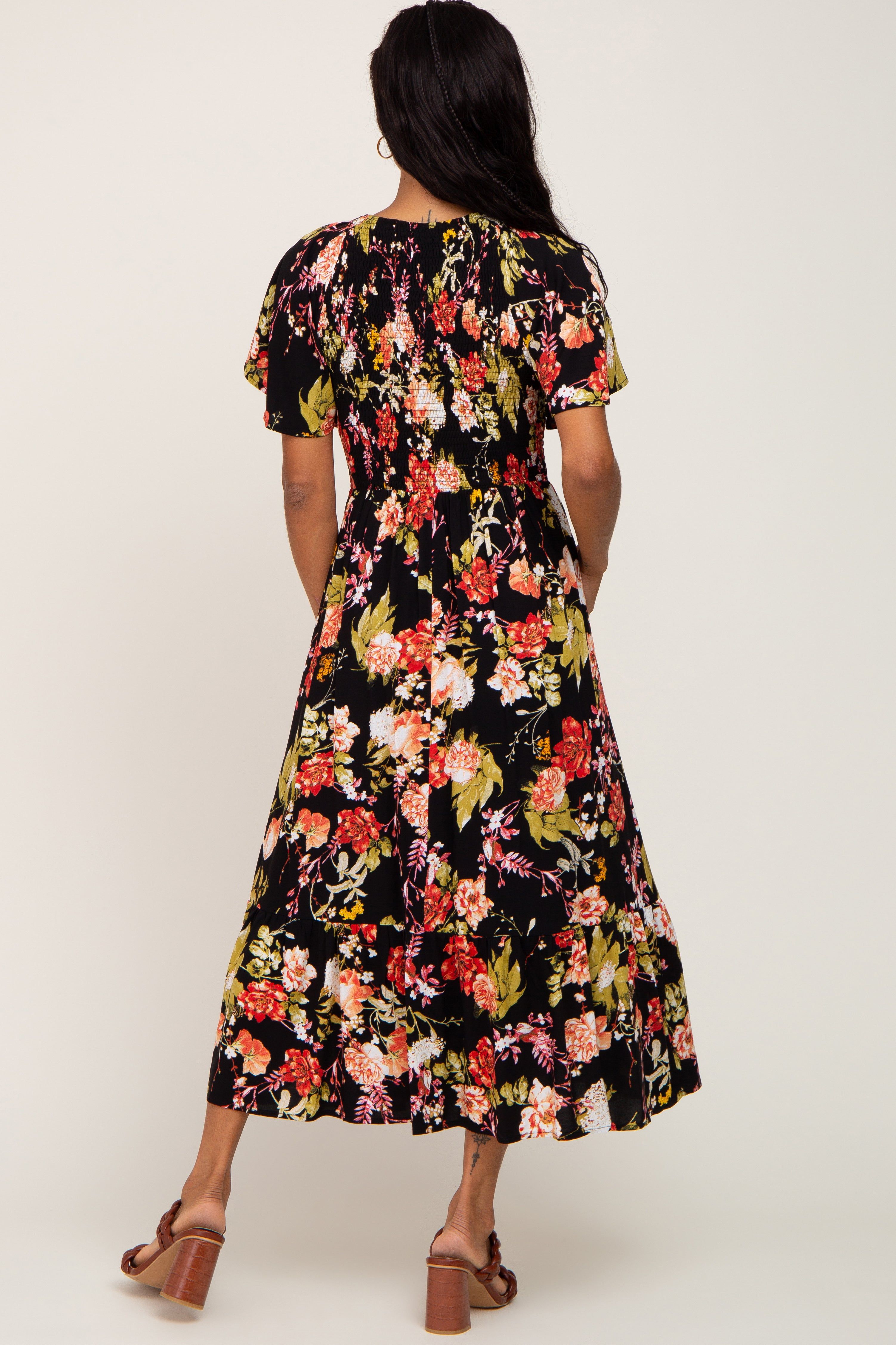 Black Floral Smocked V-Neck Midi Dress sold by Pinkblush product image thumbnail 3