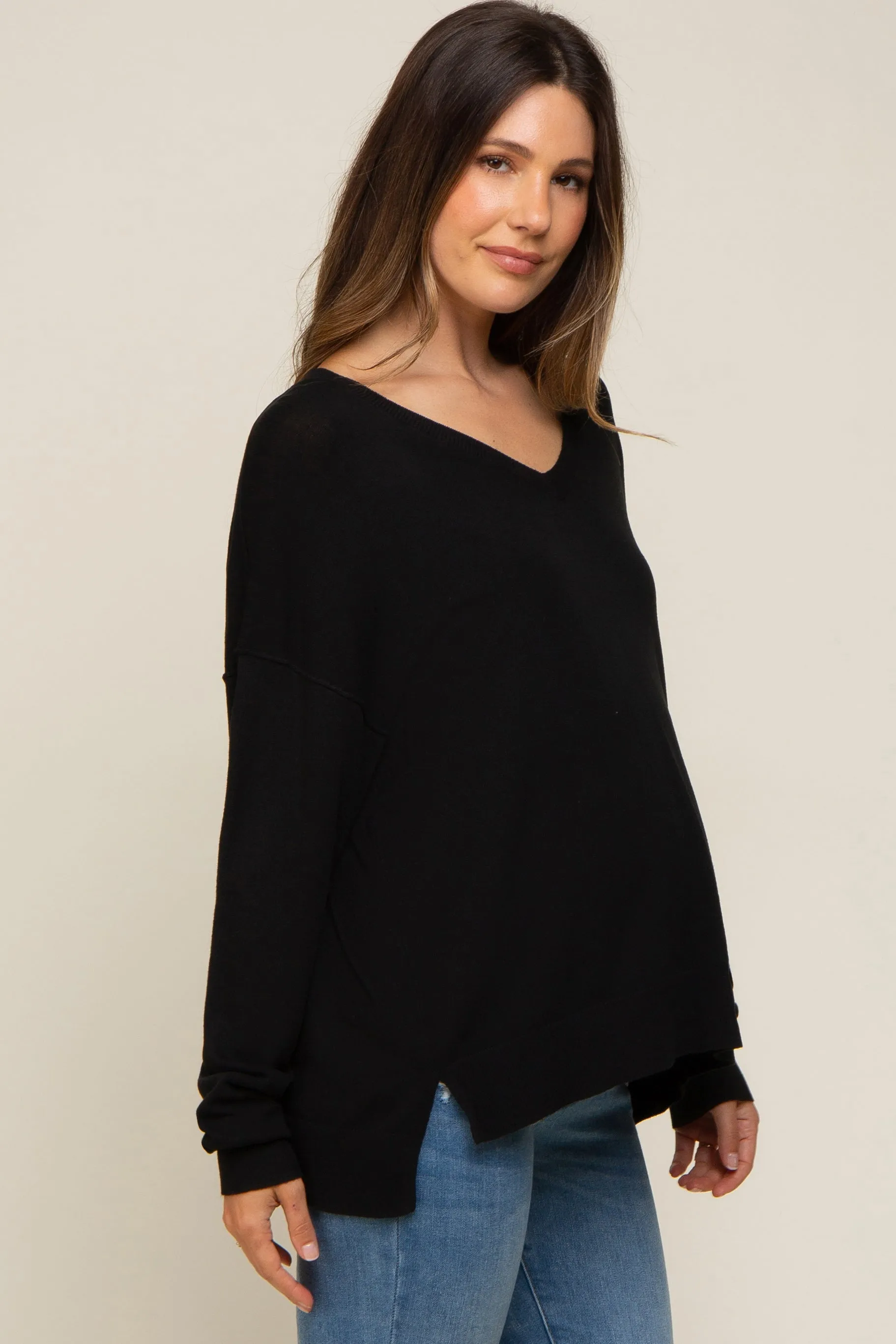 Black Knit V-Neck Long Sleeve Maternity Top sold by Pinkblush product image thumbnail 2