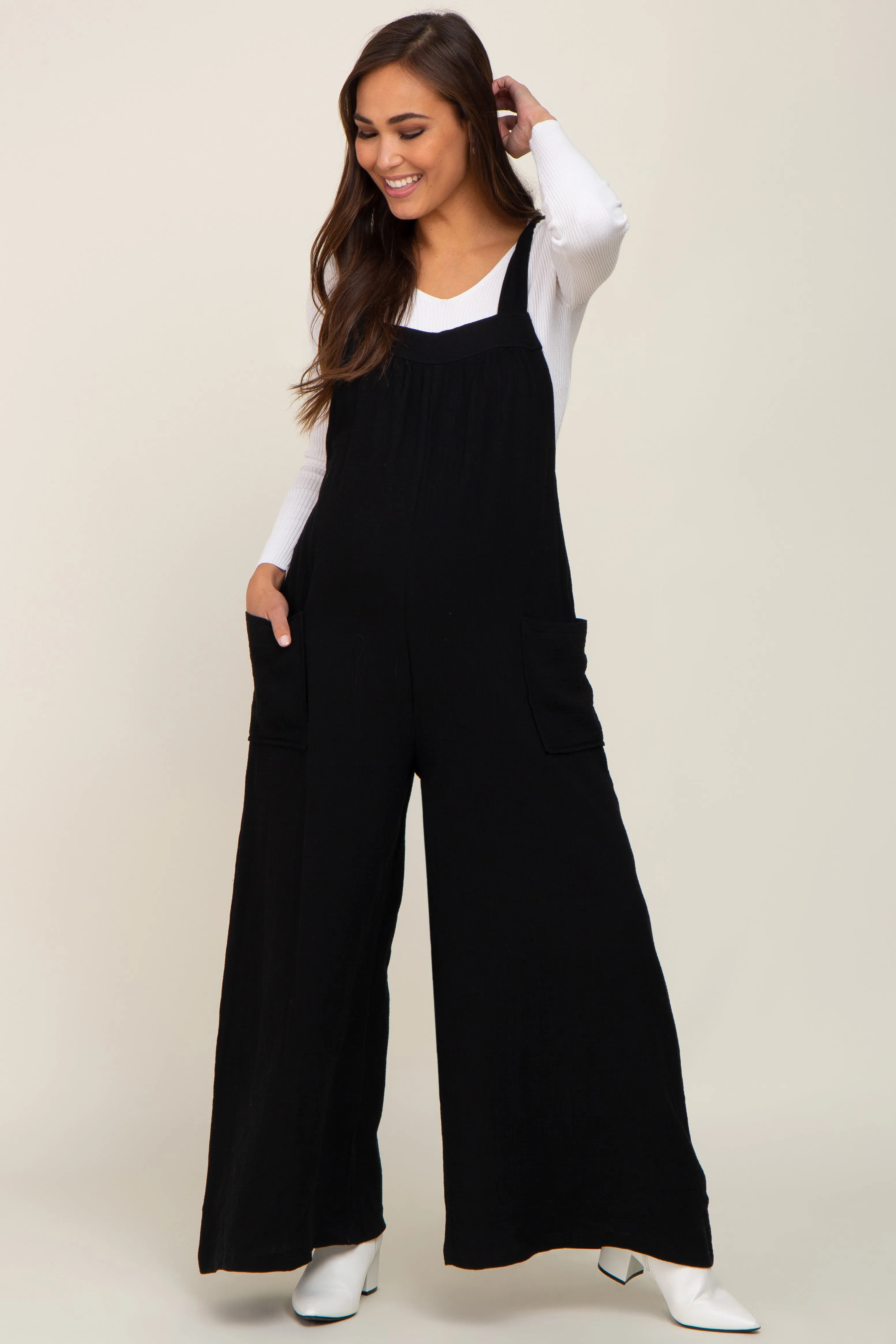 Black Wide Leg Tie Back Maternity Overalls sold by Pinkblush product image thumbnail 4