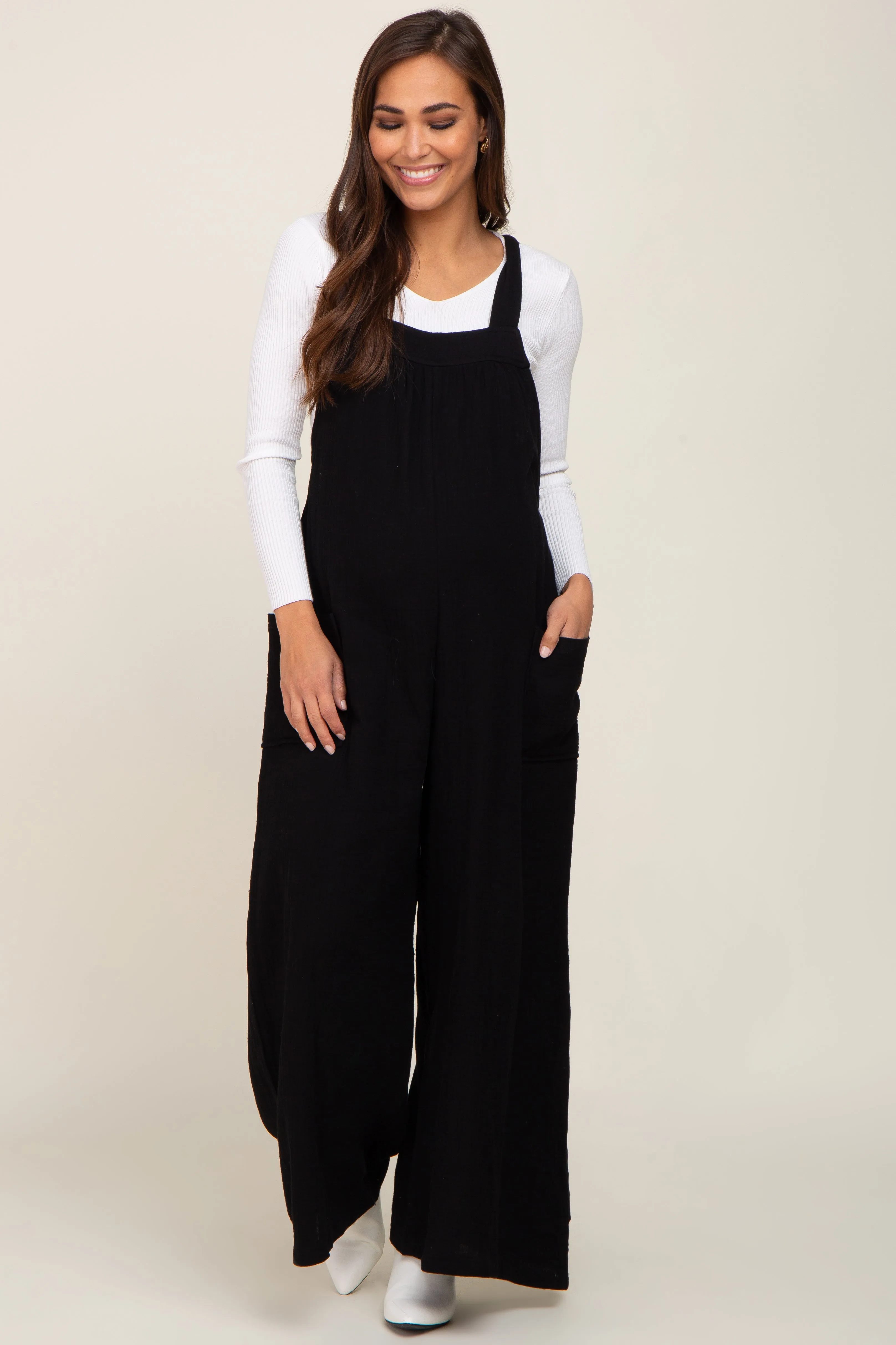 Black Wide Leg Tie Back Maternity Overalls sold by Pinkblush