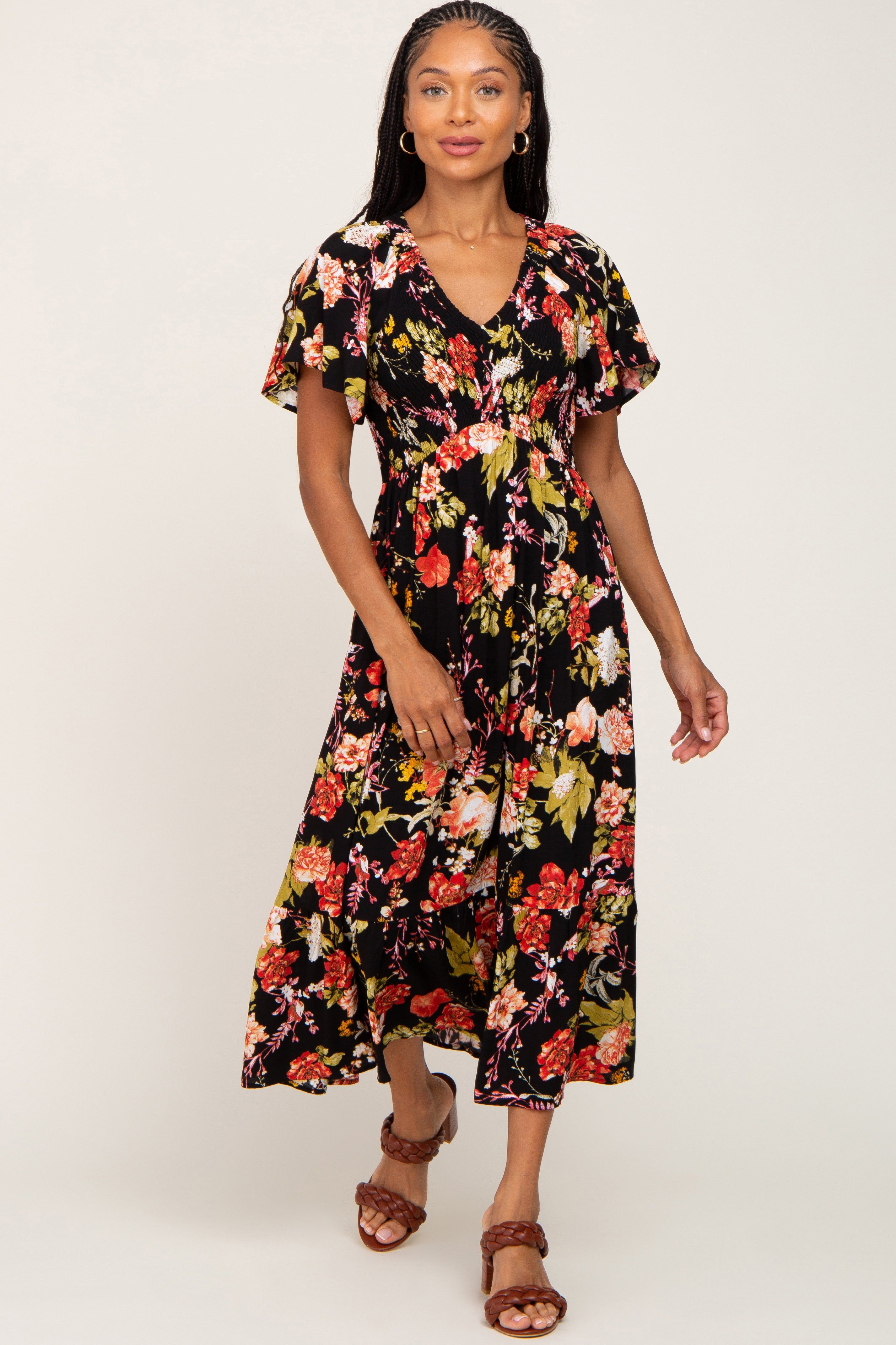 Black Floral Smocked V-Neck Midi Dress sold by Pinkblush