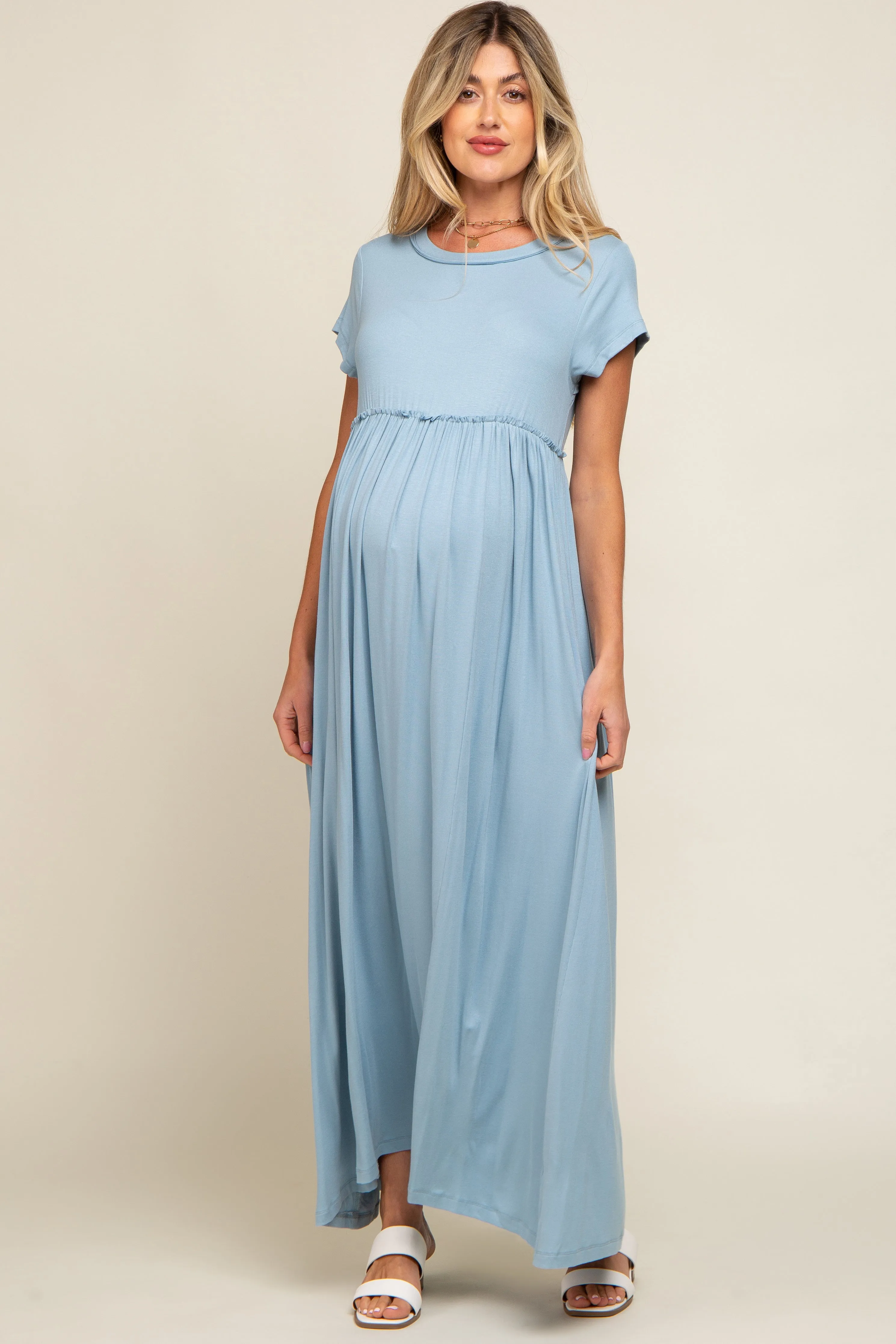 Light Blue Short Sleeve Pocketed Maternity Maxi Dress sold by Pinkblush product image thumbnail 4