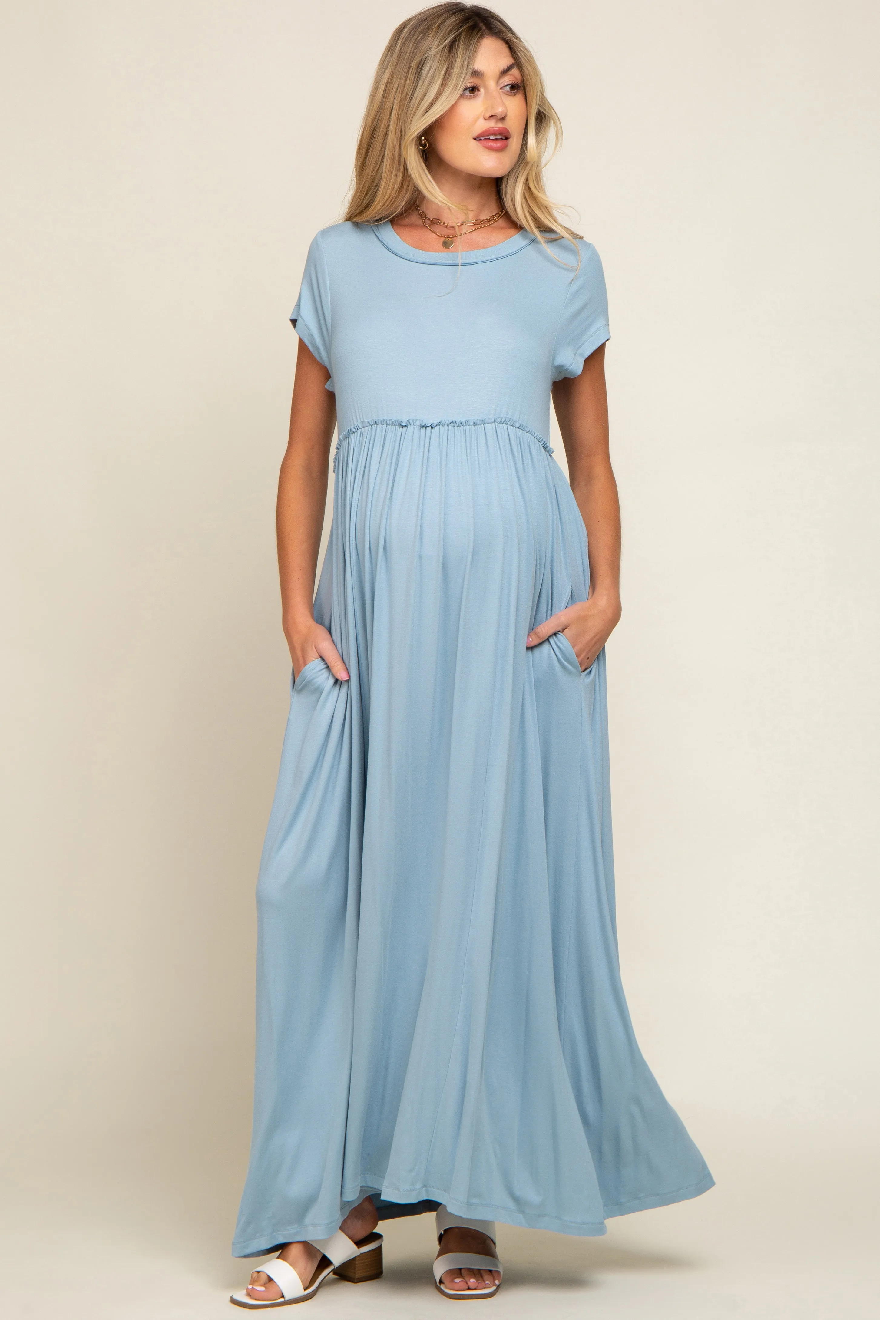 Light Blue Short Sleeve Pocketed Maternity Maxi Dress sold by Pinkblush