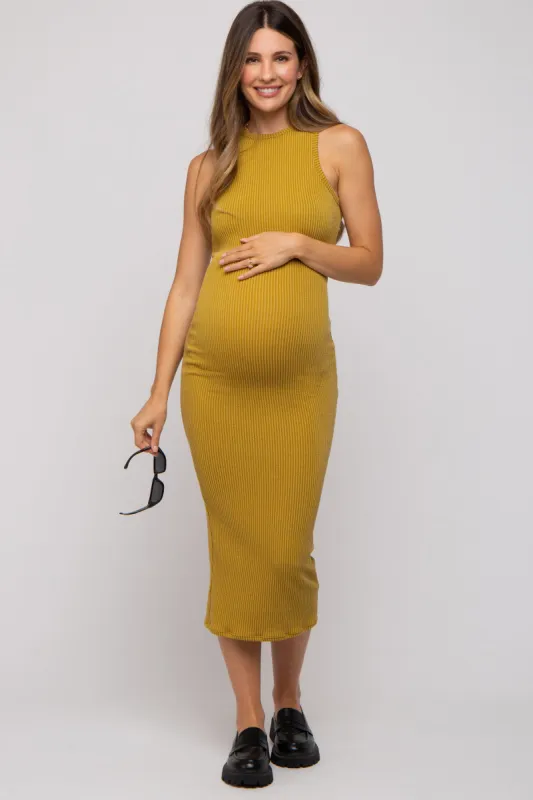 Mustard Ribbed Maternity Fitted Midi Dress sold by Pinkblush