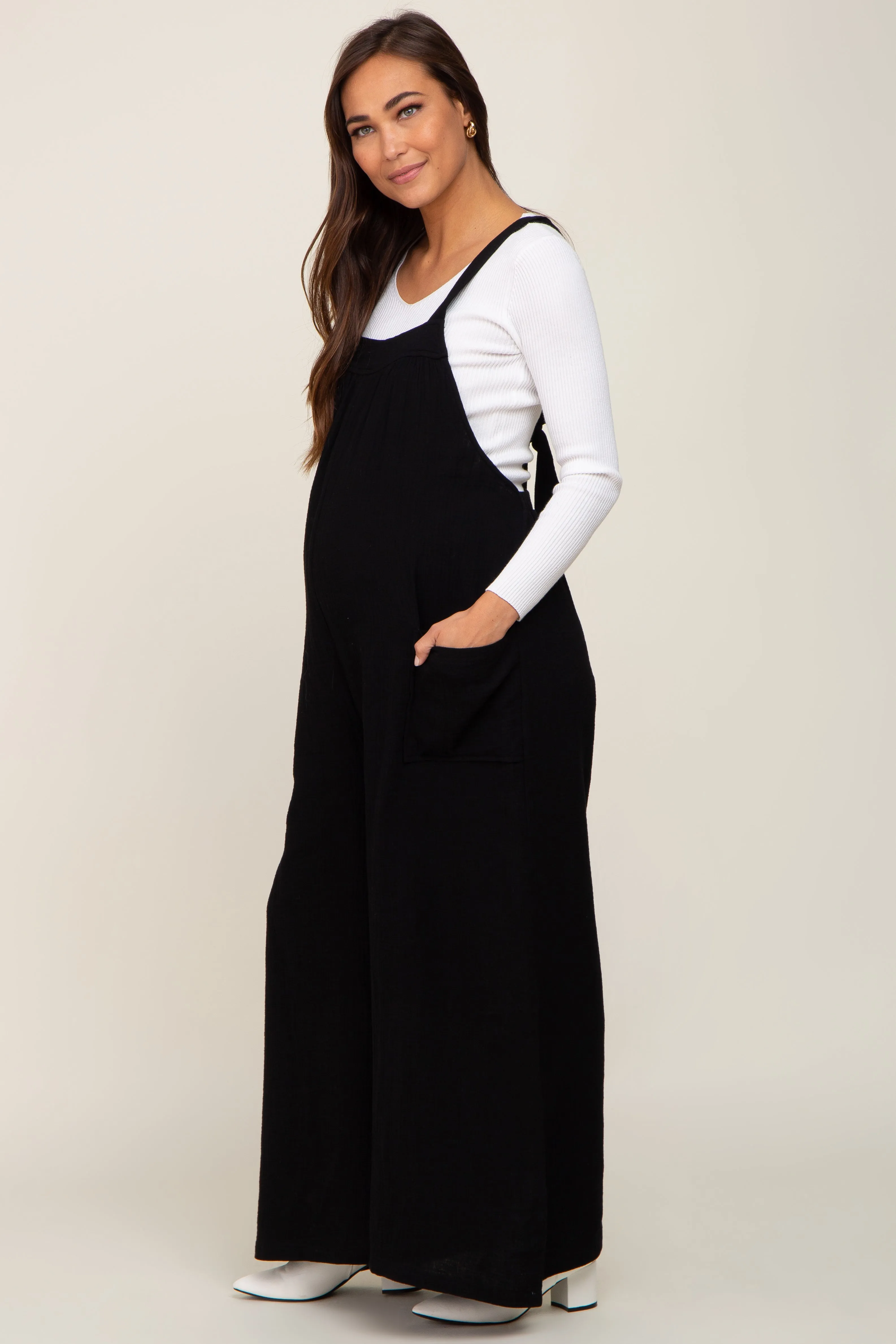 Black Wide Leg Tie Back Maternity Overalls sold by Pinkblush product image thumbnail 2