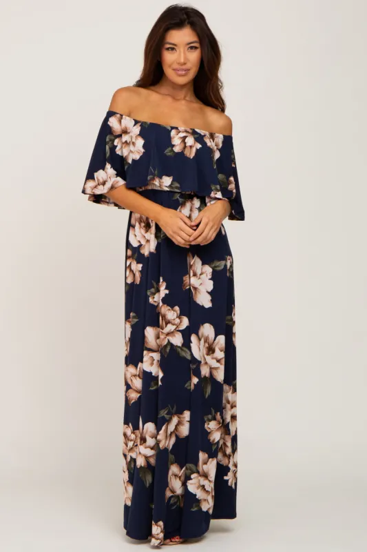 Navy Floral Flounce Off Shoulder Maxi Dress sold by Pinkblush