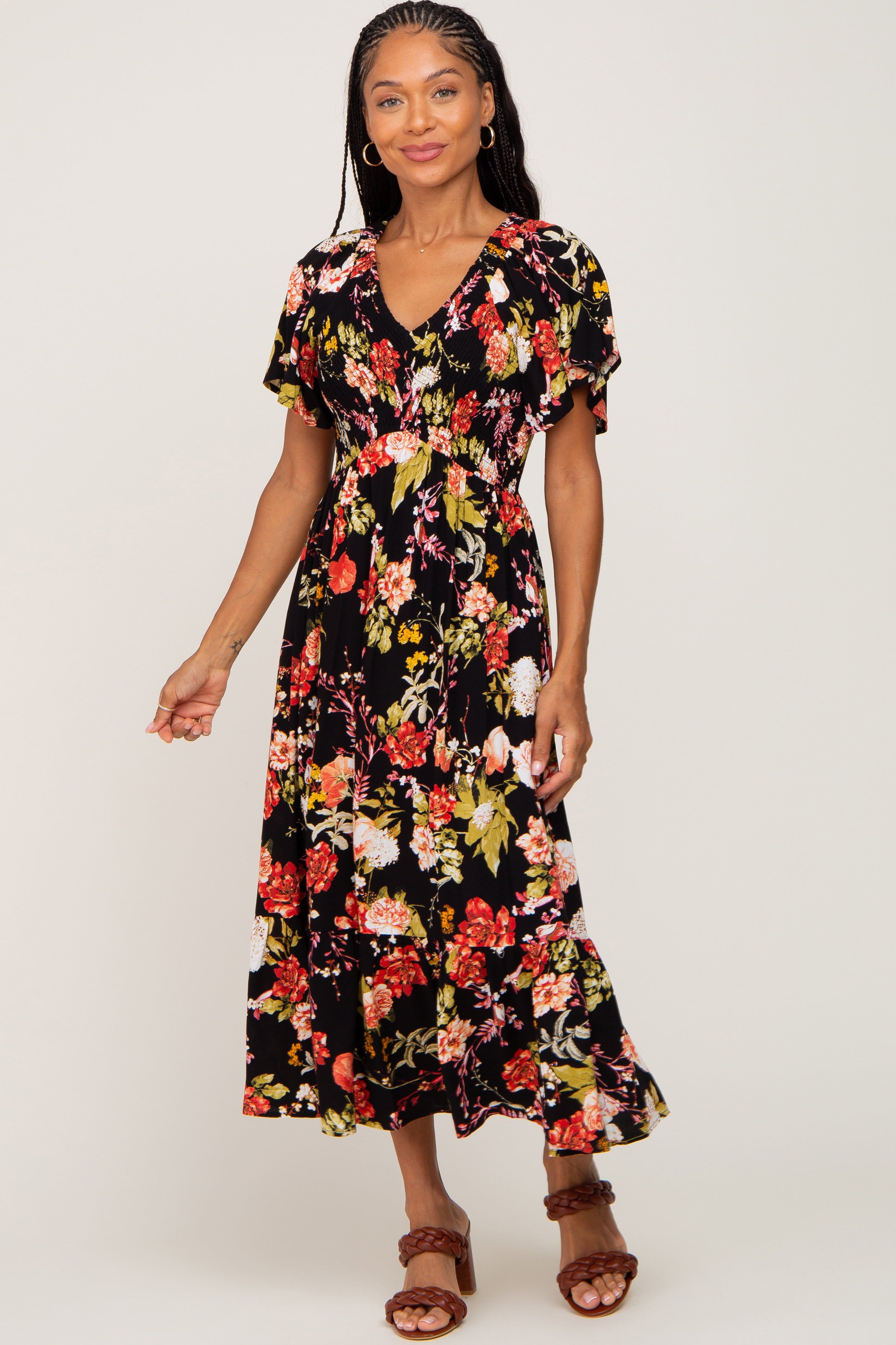 Black Floral Smocked V-Neck Midi Dress sold by Pinkblush product image thumbnail 5