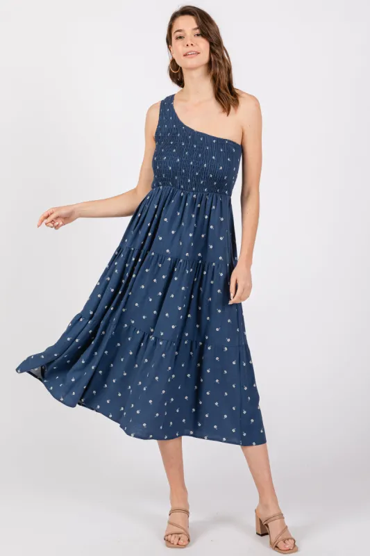 Navy Blue Floral Linen Smocked One Shoulder Tiered Midi Dress made by Pinkblush