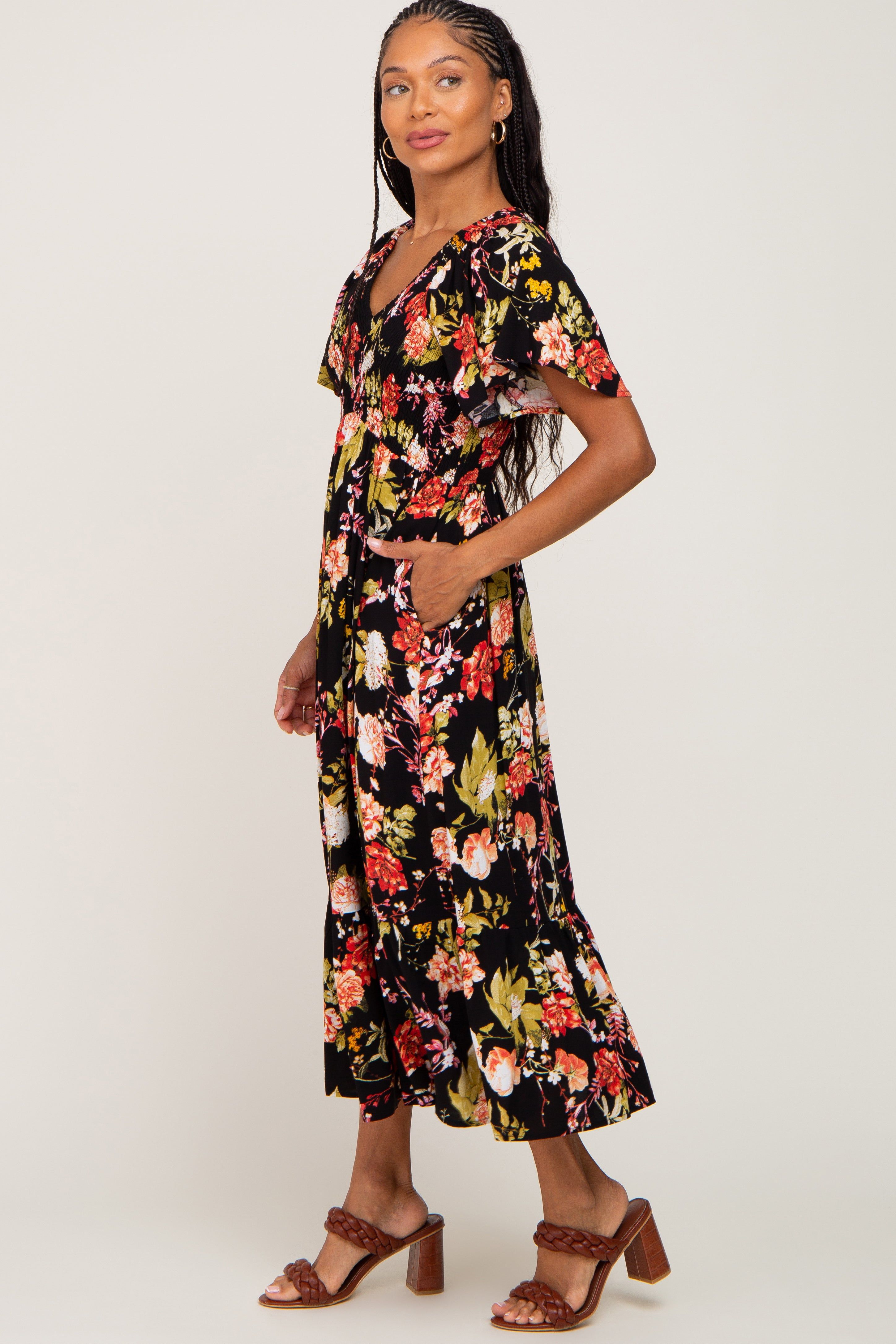 Black Floral Smocked V-Neck Midi Dress sold by Pinkblush product image thumbnail 2