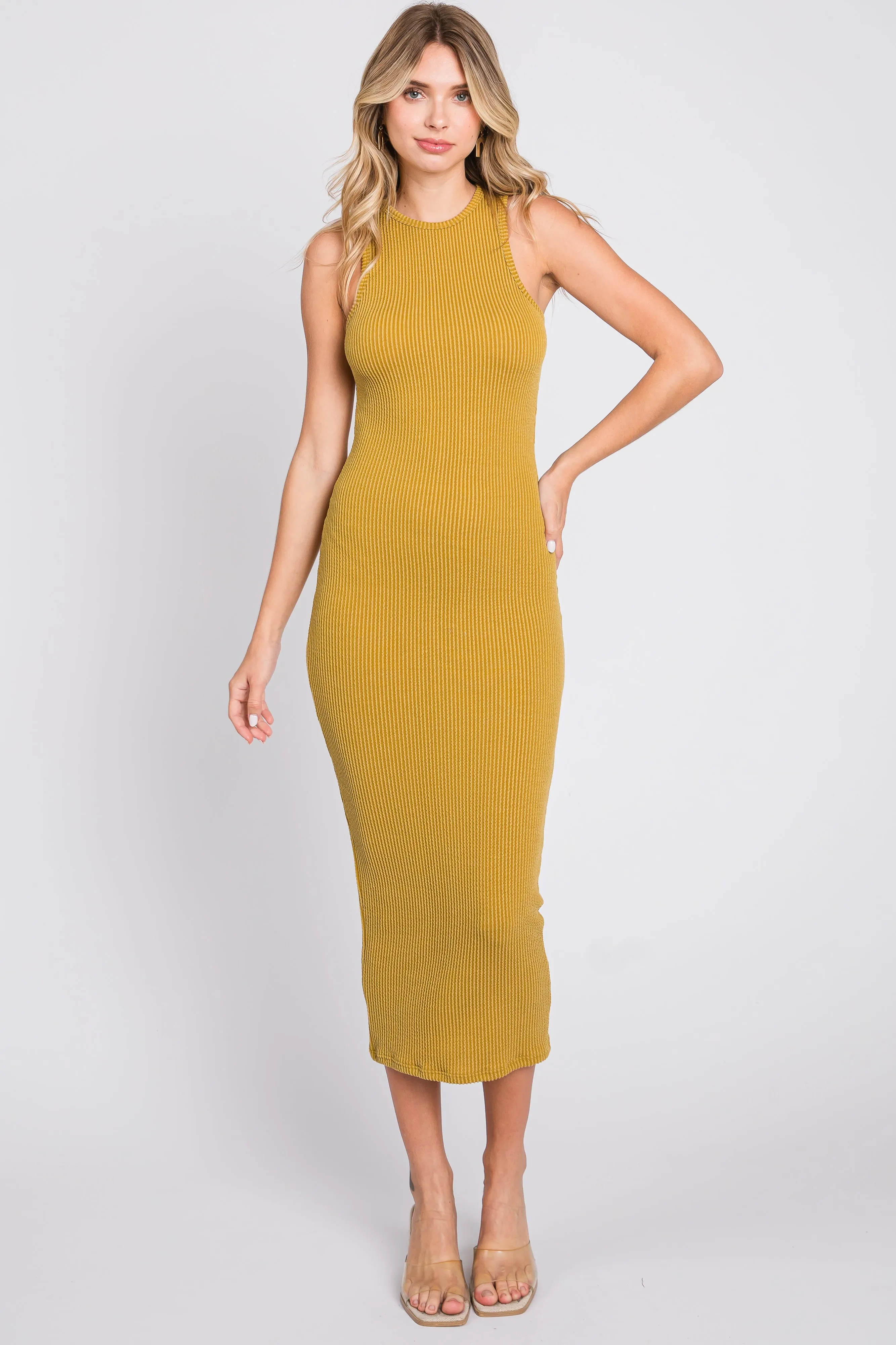 Mustard Ribbed Maternity Fitted Midi Dress sold by Pinkblush product image thumbnail 5