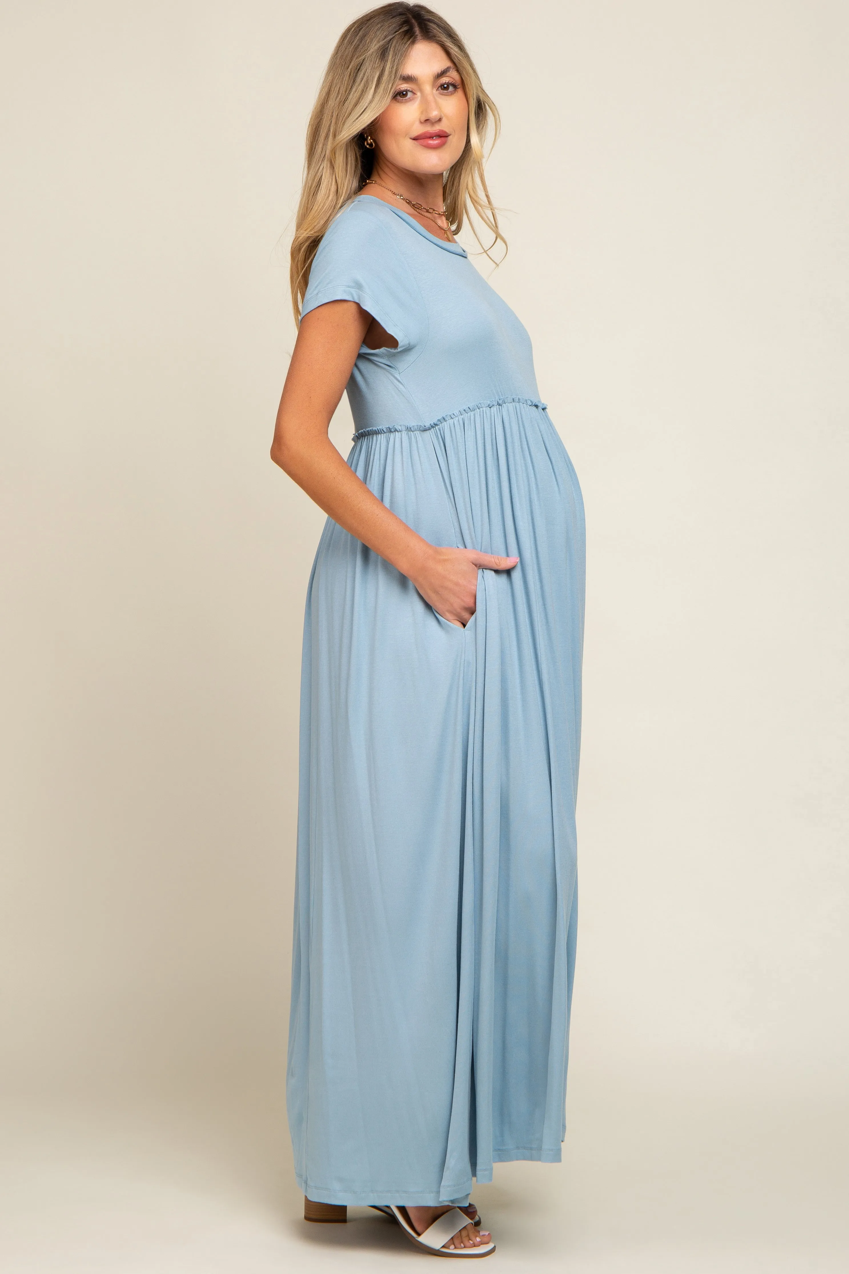 Light Blue Short Sleeve Pocketed Maternity Maxi Dress sold by Pinkblush product image thumbnail 2