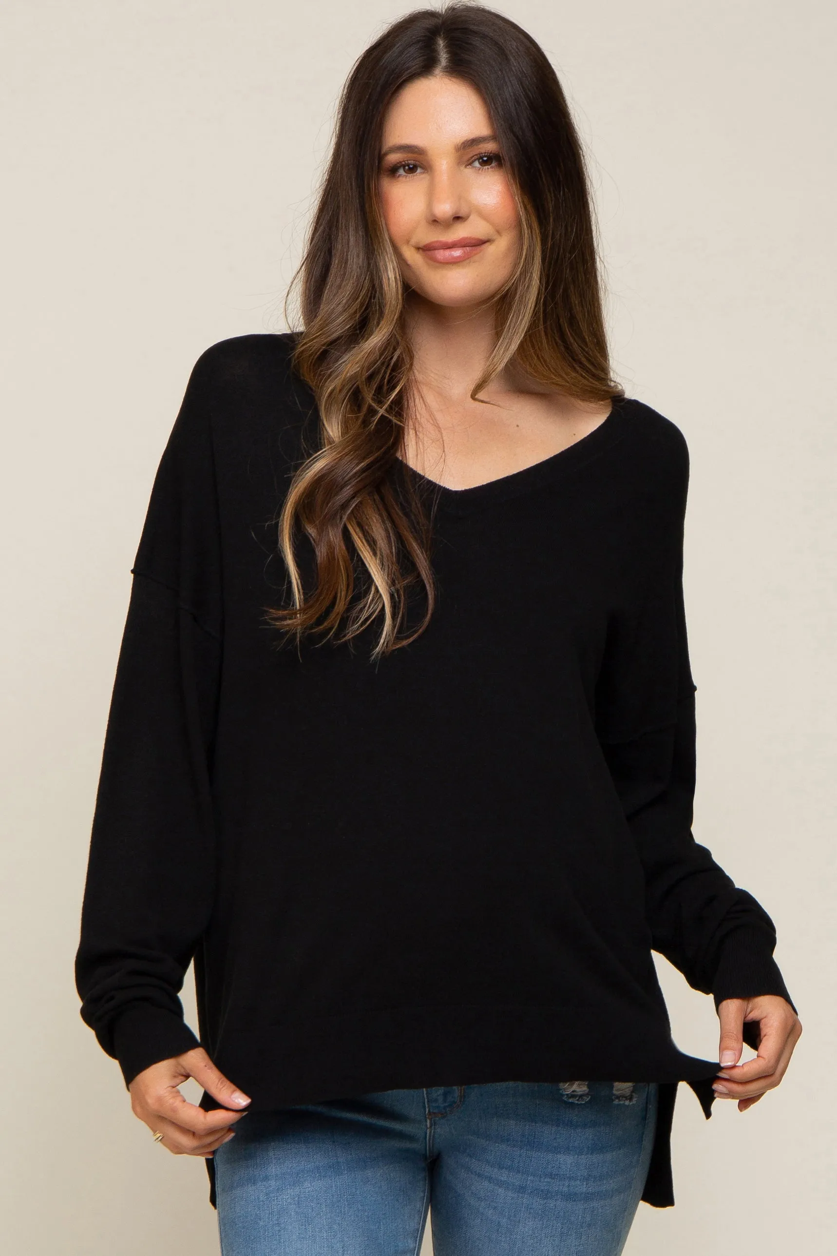 Black Knit V-Neck Long Sleeve Maternity Top sold by Pinkblush