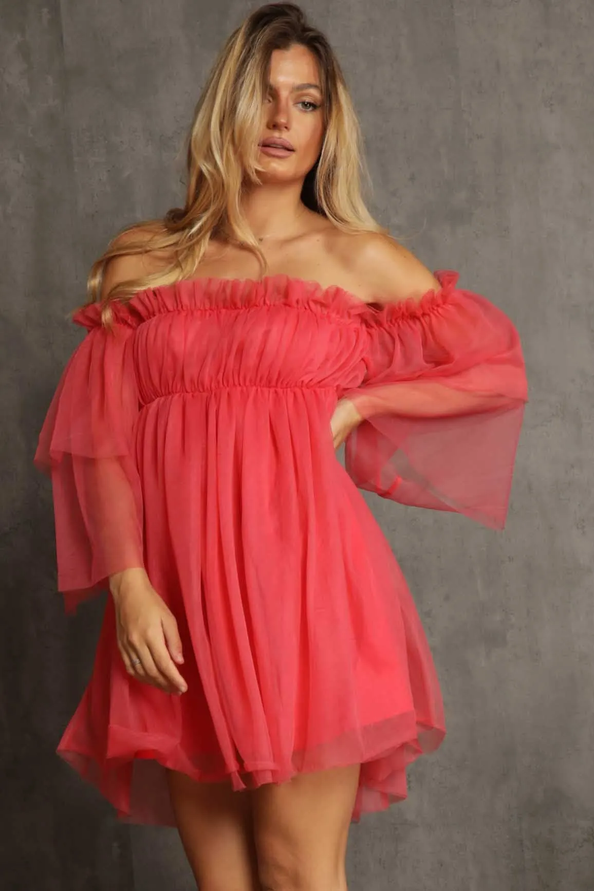 Coral Off Shoulder Tulle Dress sold by Pinkblush product image thumbnail 3