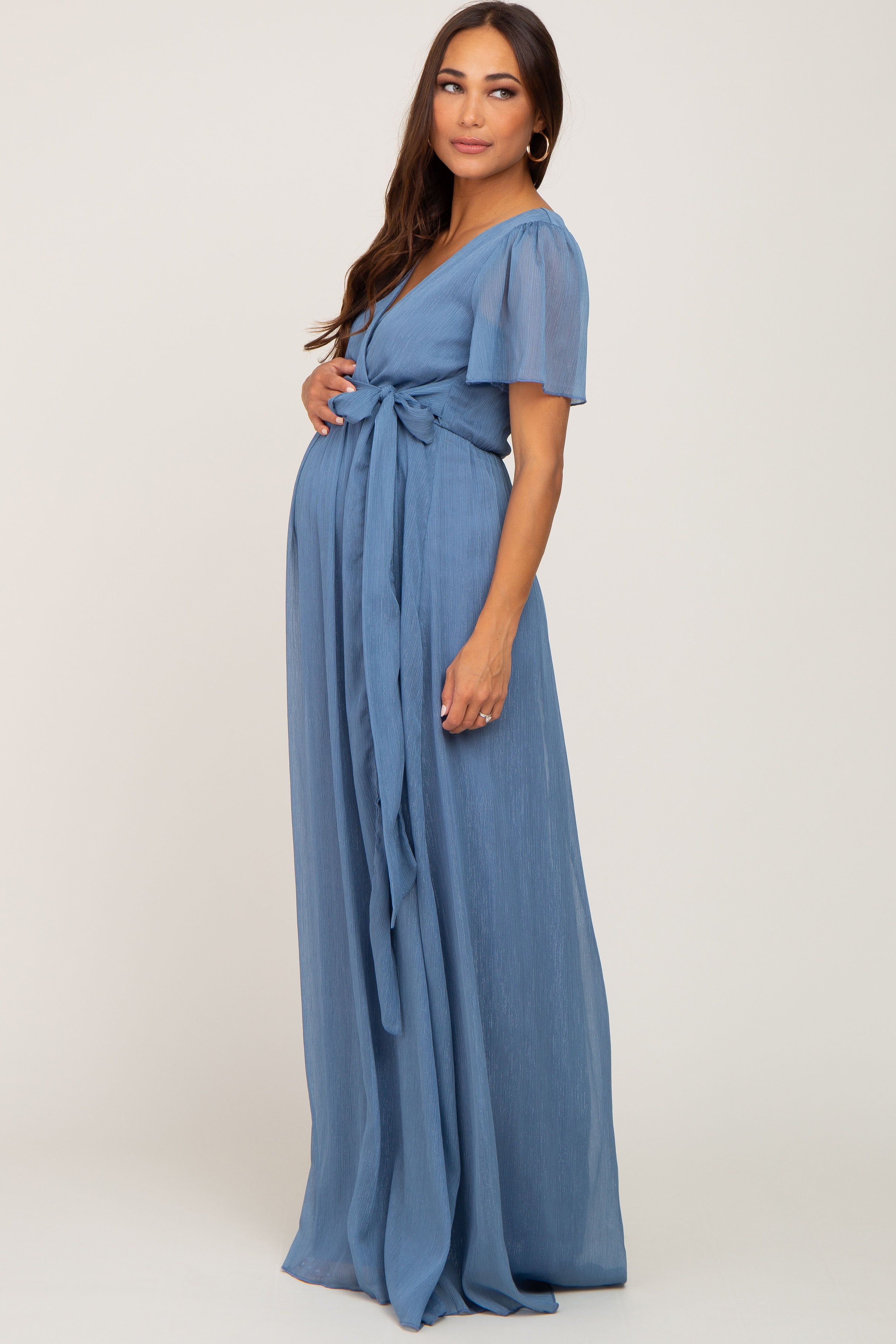 Blue Metallic Shimmer Chiffon Maternity Maxi Dress sold by Pinkblush product image thumbnail 2