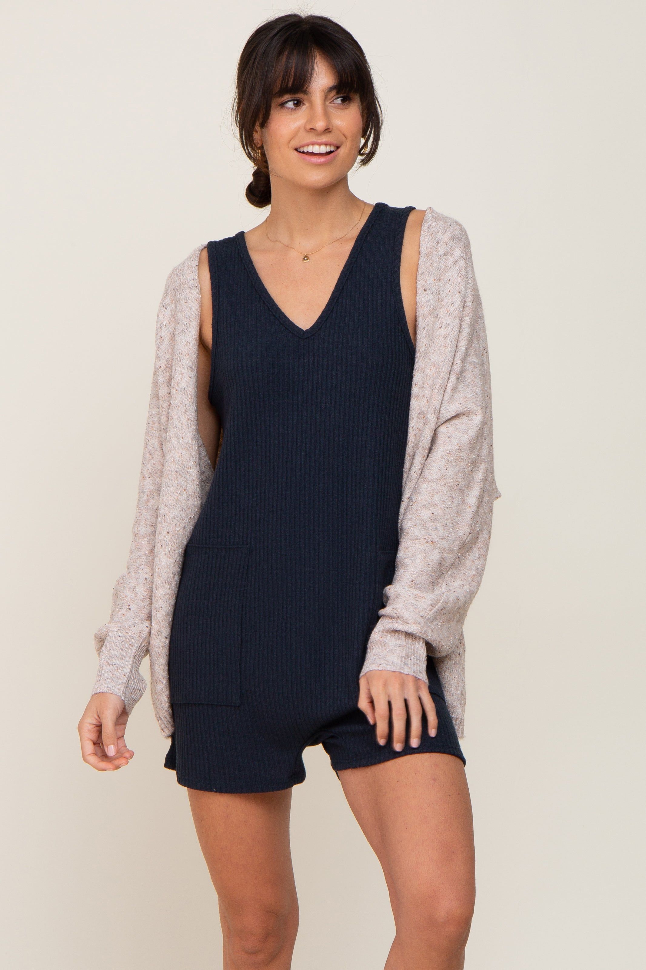 Navy Blue Ribbed V-Neck Sleeveless Romper sold by Pinkblush