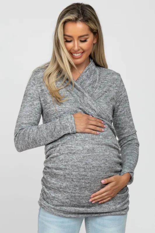 Heather Grey Soft Heathered Draped Wrap Maternity/Nursing Top sold by Pinkblush