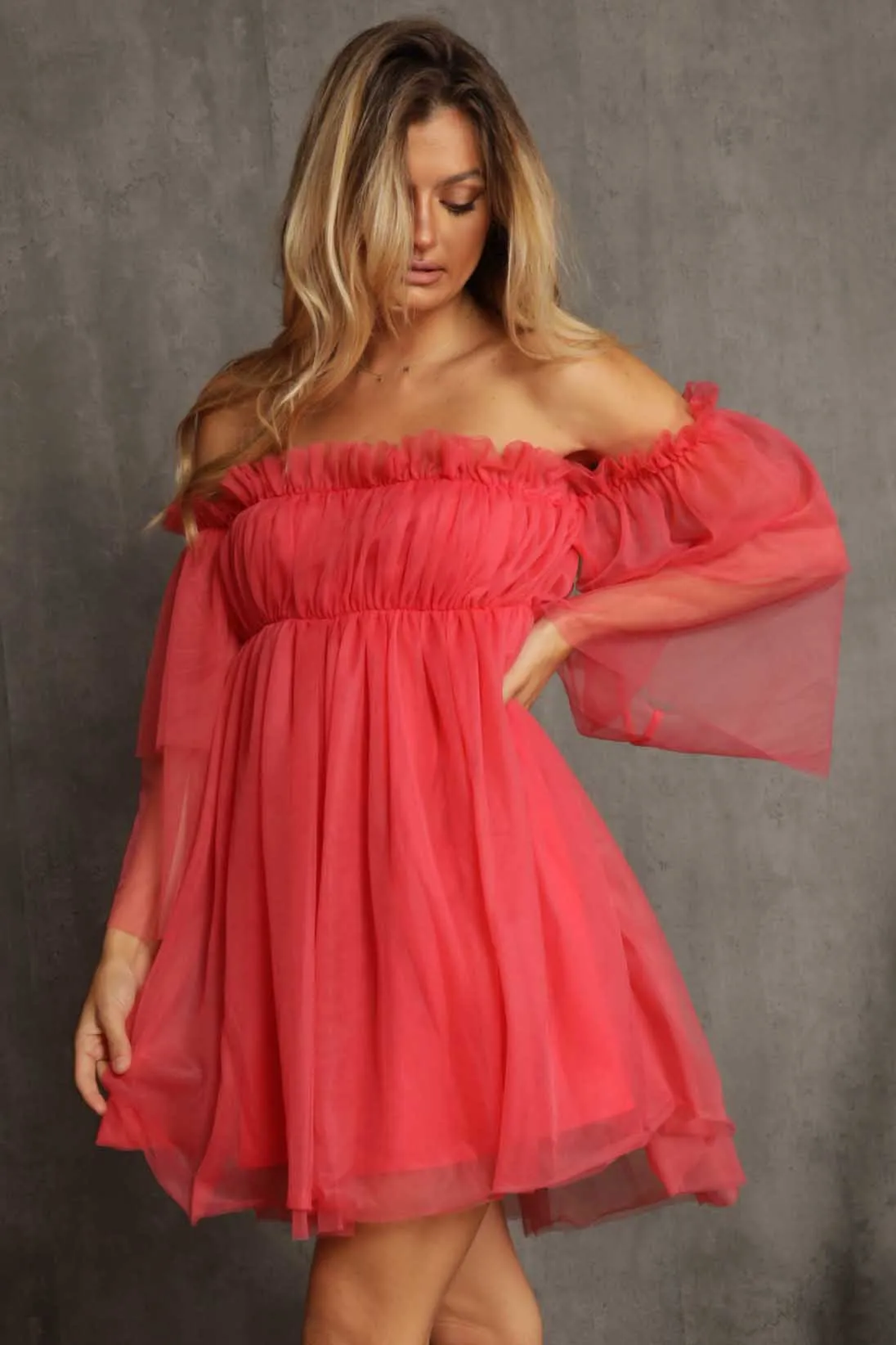 Coral Off Shoulder Tulle Dress sold by Pinkblush