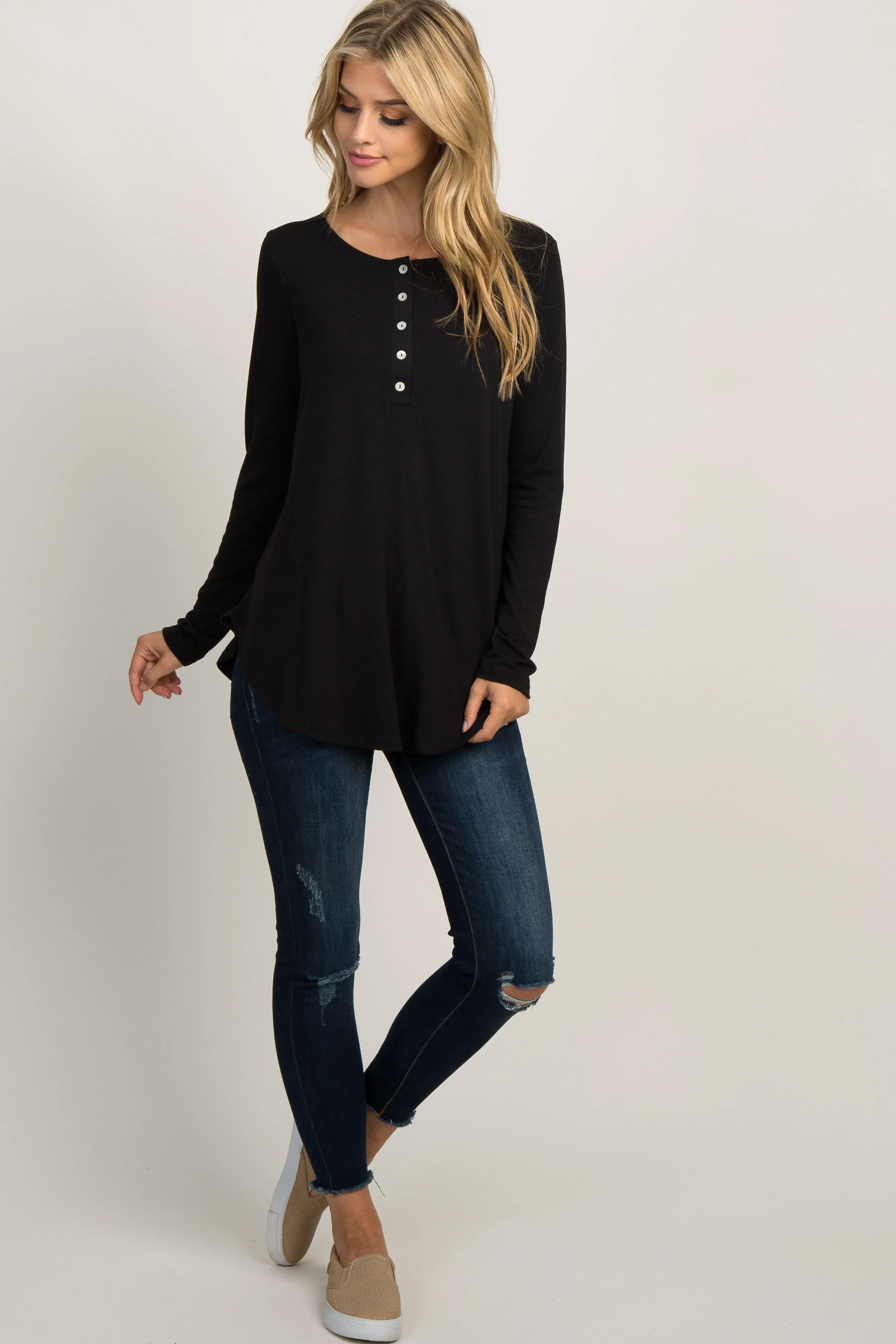 Black Solid Button Accent Long Sleeve Top sold by Pinkblush product image thumbnail 4