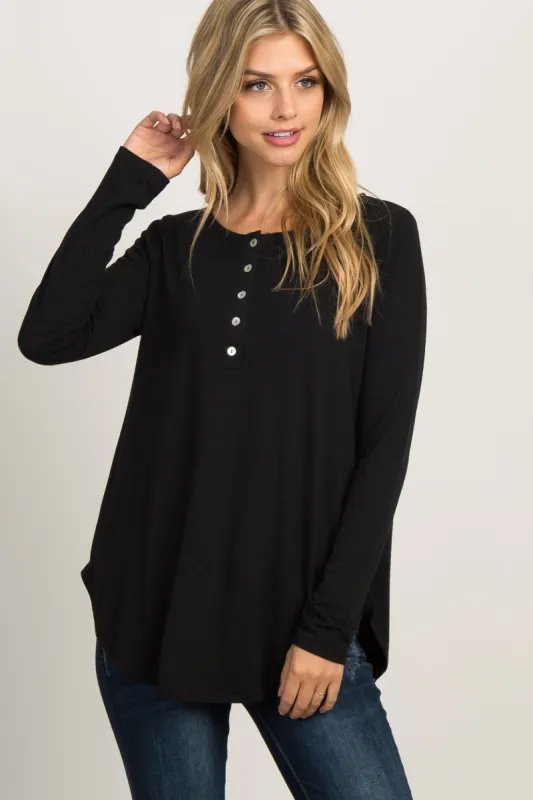 Black Solid Button Accent Long Sleeve Top sold by Pinkblush