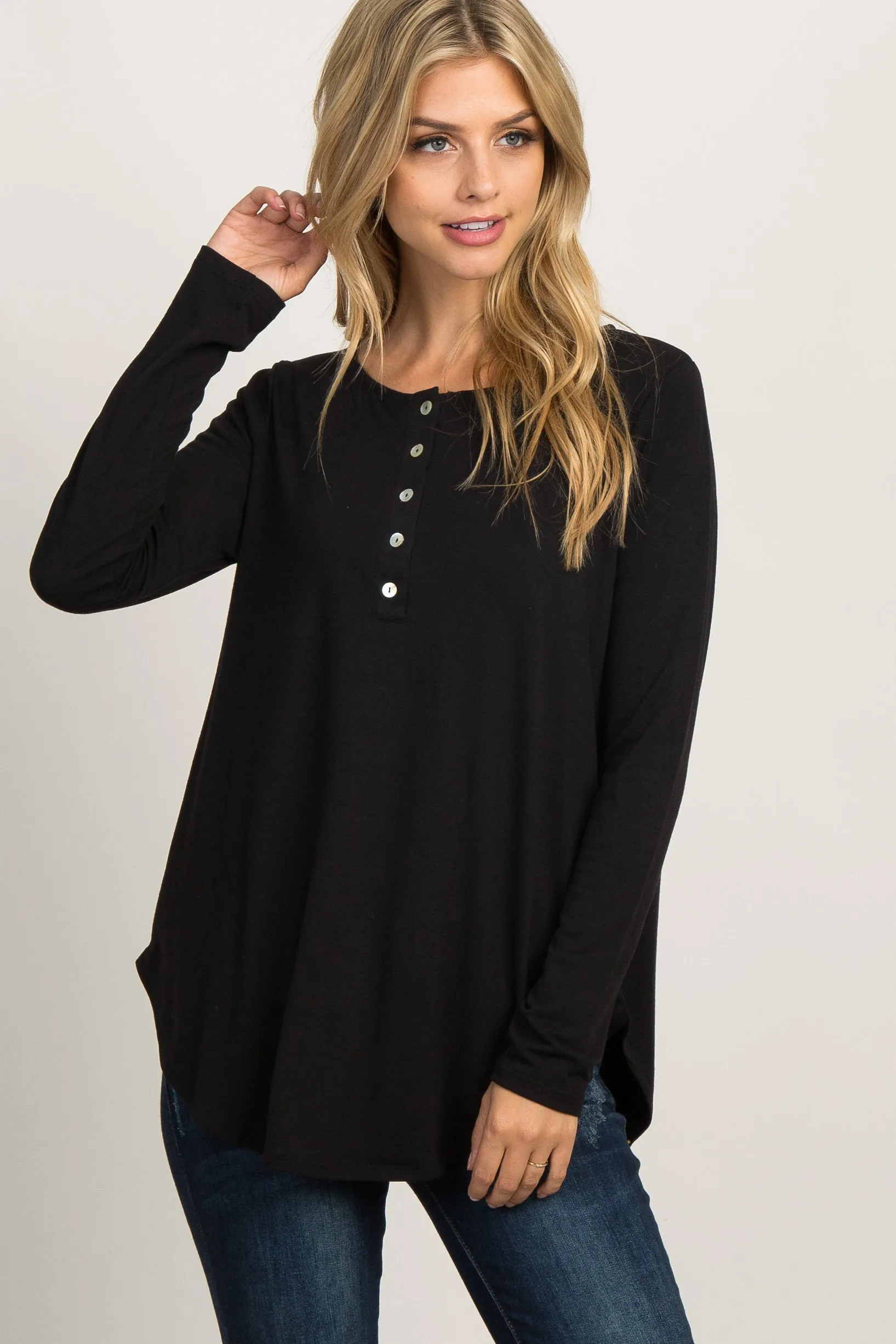 Black Solid Button Accent Long Sleeve Top sold by Pinkblush