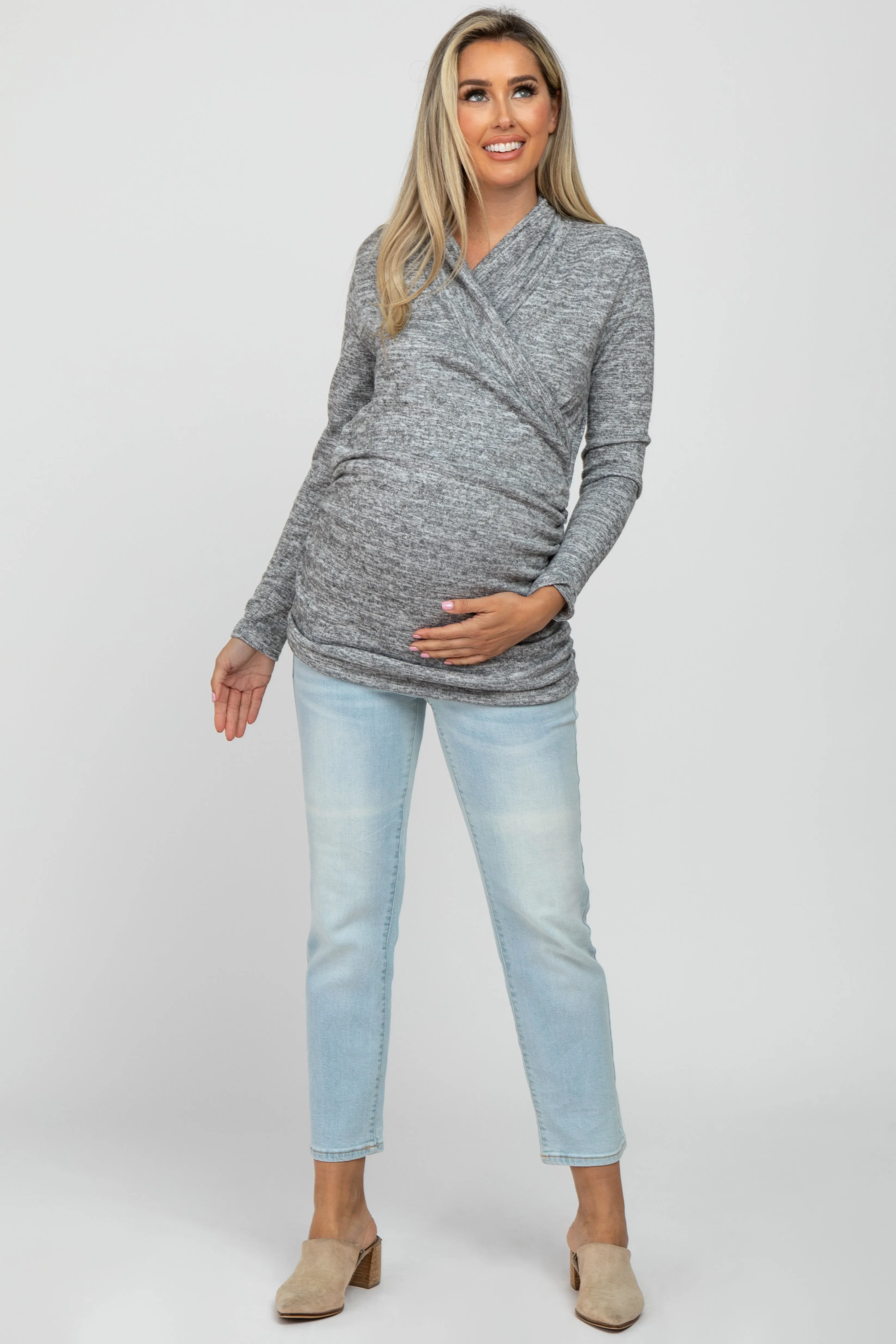 Heather Grey Soft Heathered Draped Wrap Maternity/Nursing Top sold by Pinkblush product image thumbnail 2
