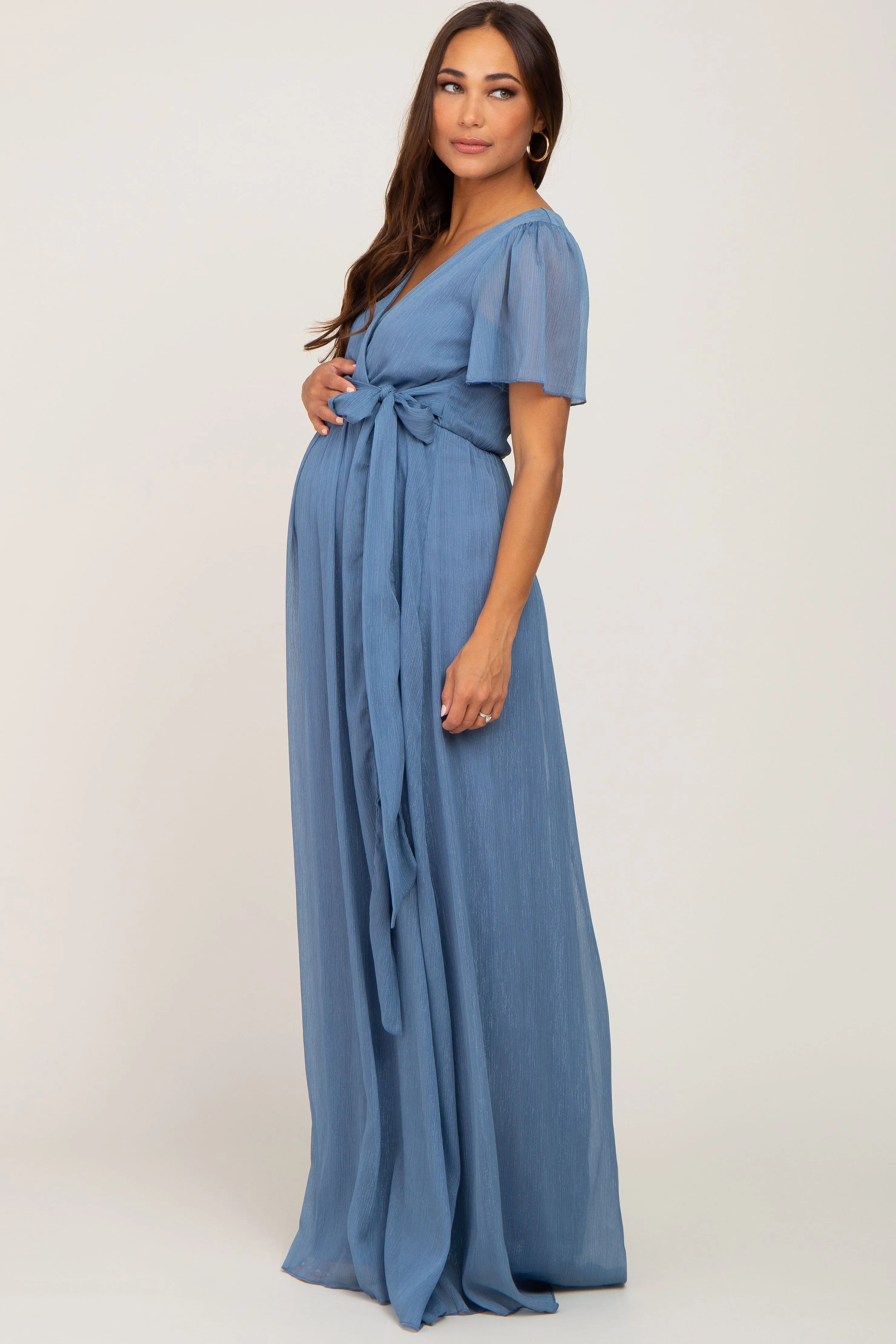Blue Metallic Shimmer Chiffon Maternity Maxi Dress sold by Pinkblush product image thumbnail 2