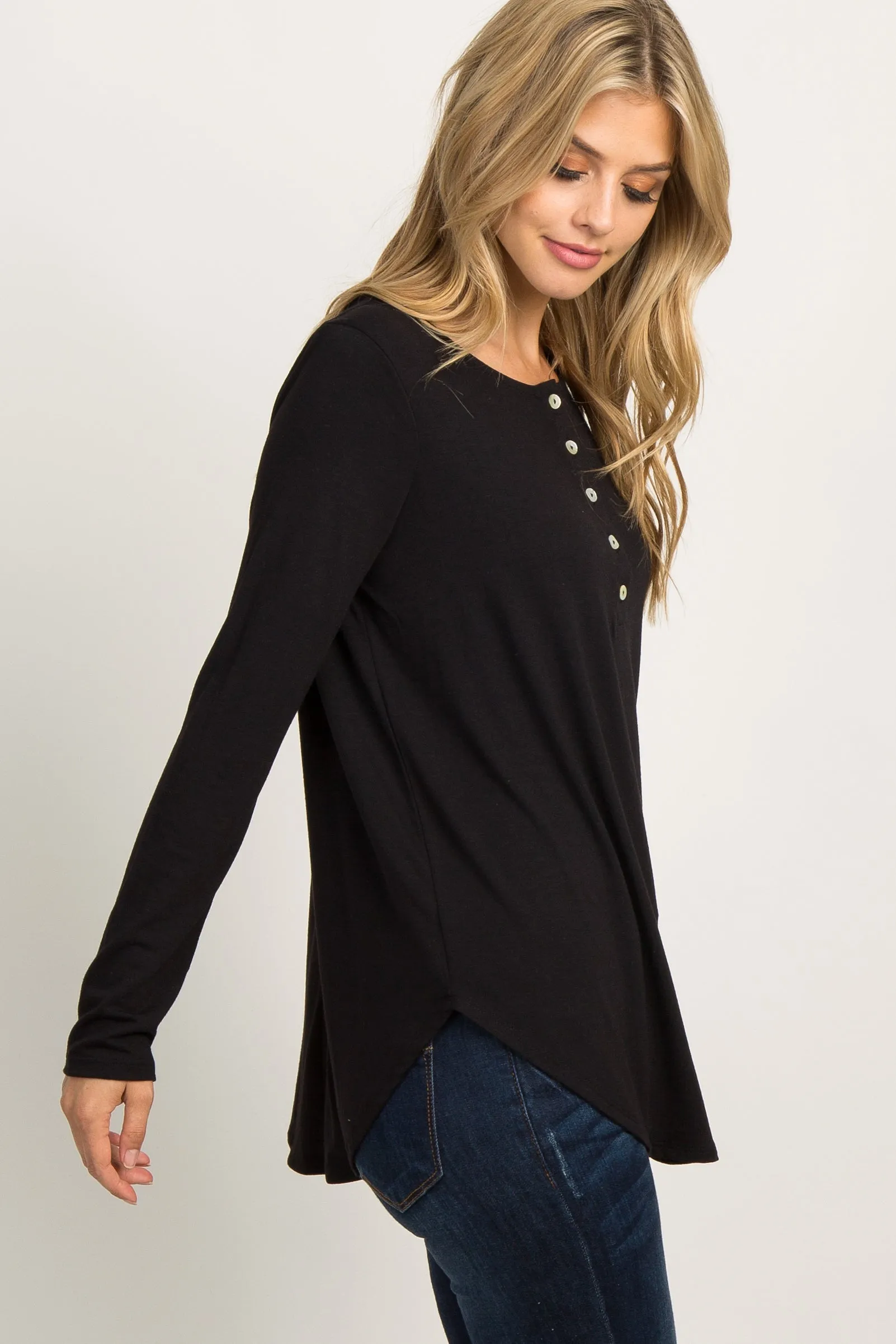 Black Solid Button Accent Long Sleeve Top sold by Pinkblush product image thumbnail 2
