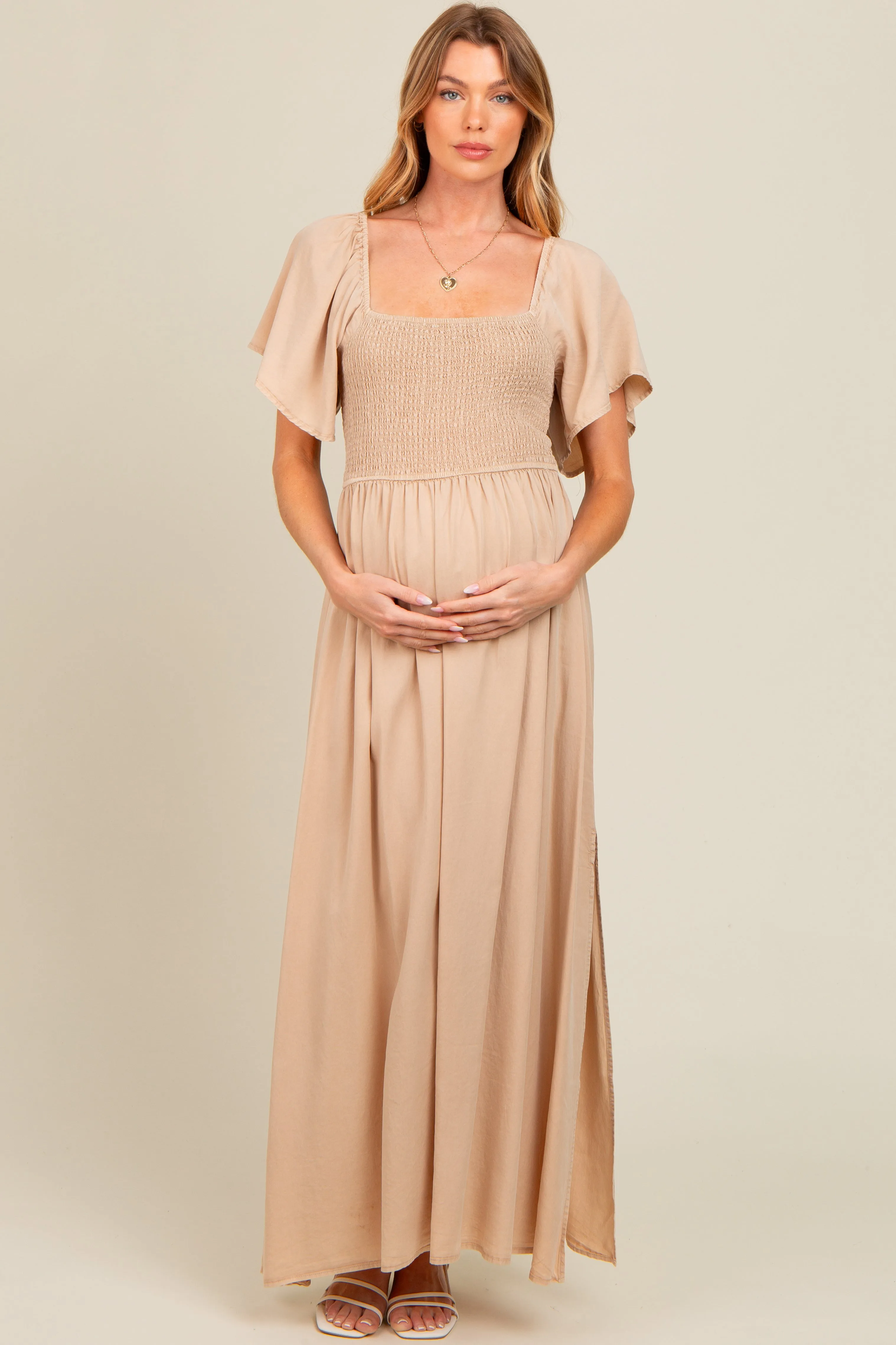 Beige Chambray Smocked Maternity Maxi Dress sold by Pinkblush