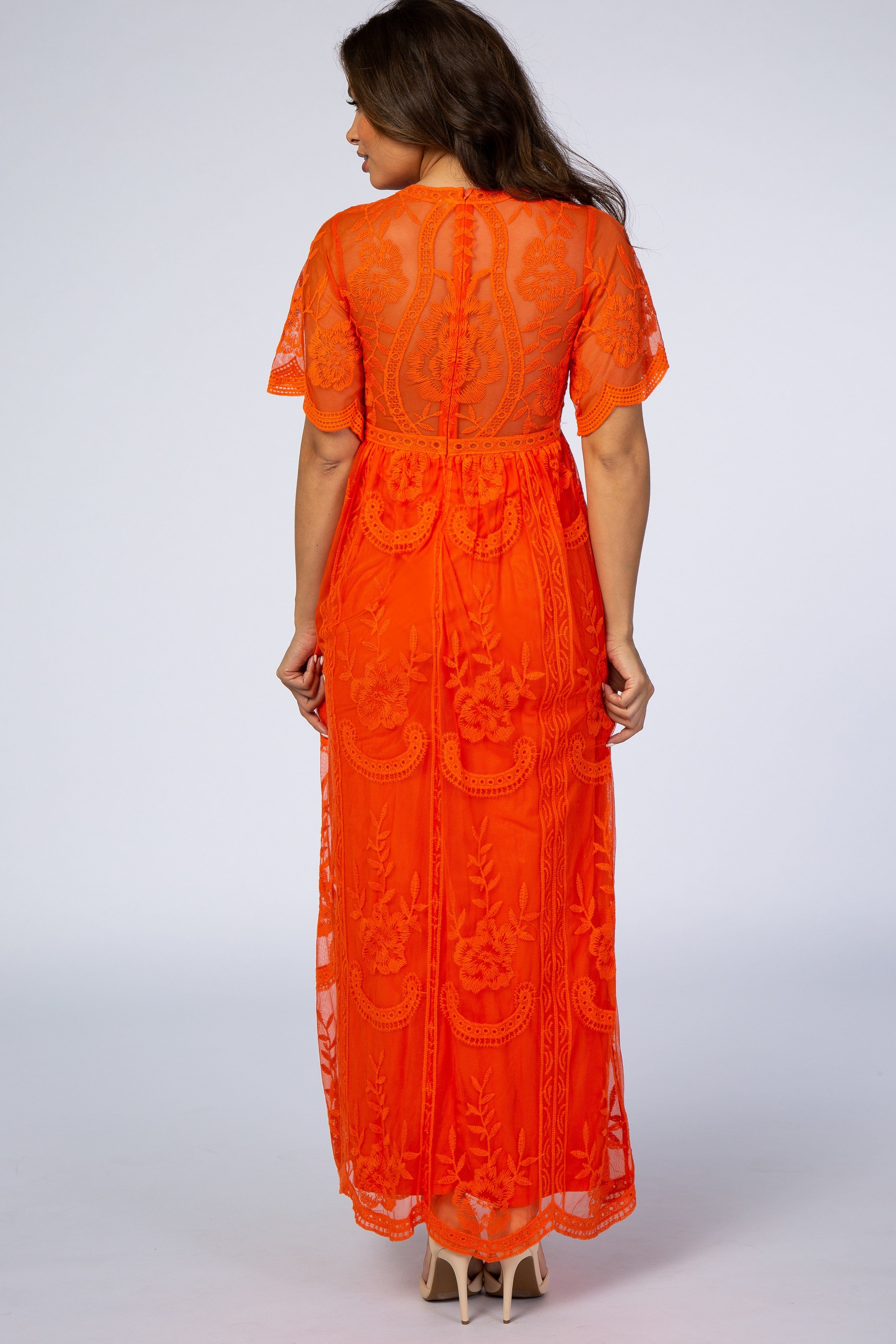 PinkBlush Neon Orange Lace Mesh Overlay Maternity Maxi Dress sold by Pinkblush product image thumbnail 3