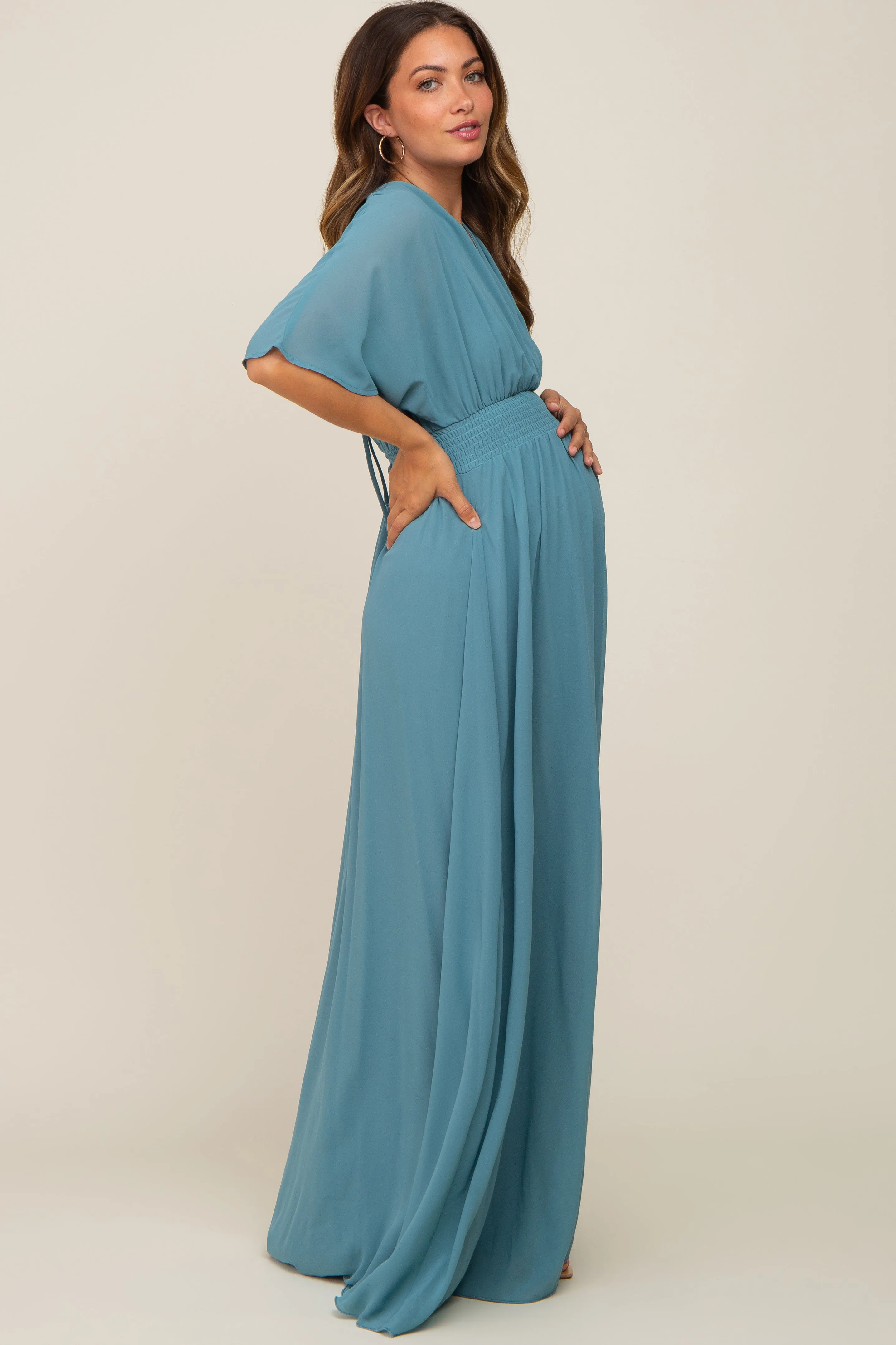 Turquoise Chiffon V-Neck Smocked Waist Maternity Maxi Dress sold by Pinkblush product image thumbnail 3