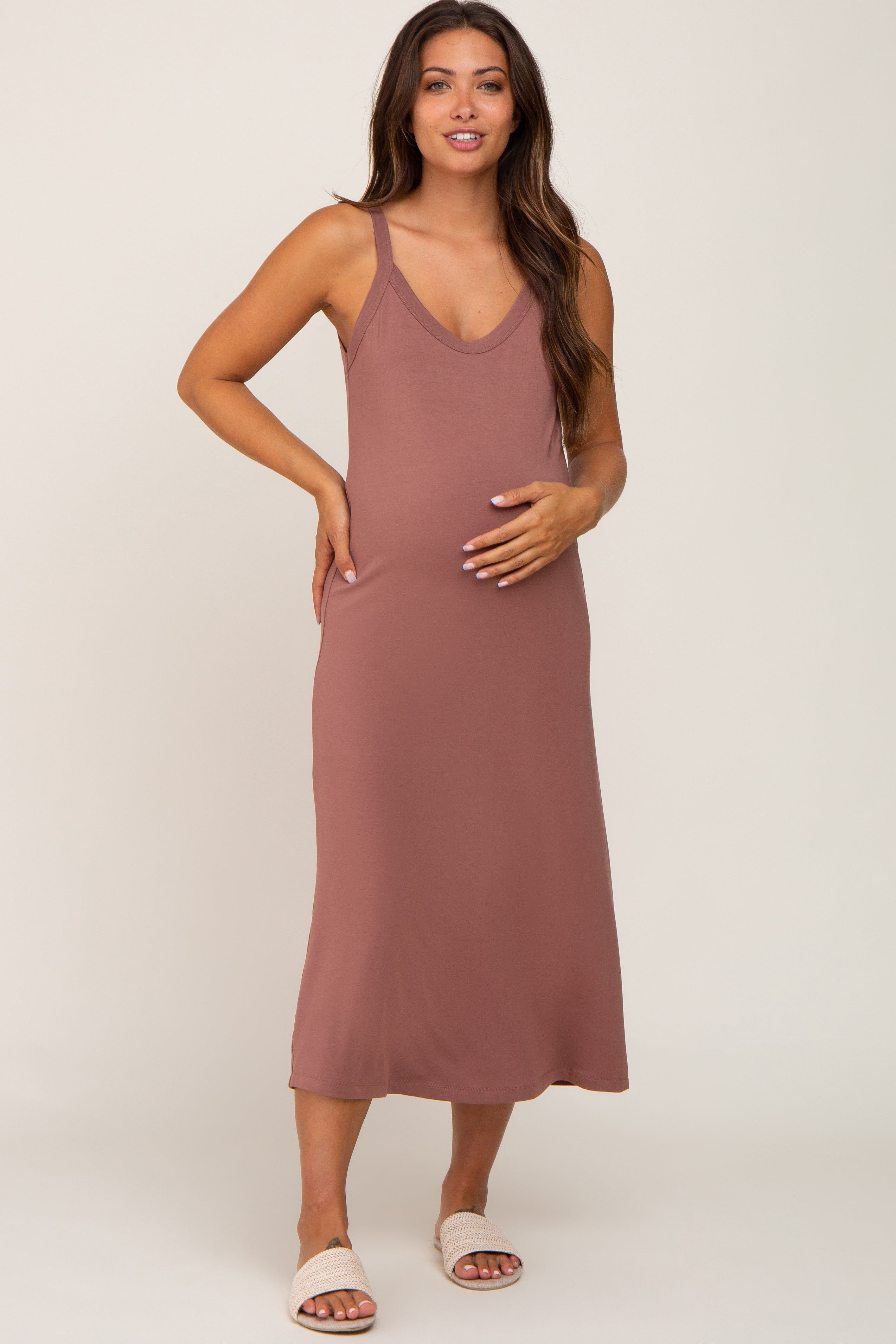 Brown Scoop Neck Maternity Midi Dress sold by Pinkblush product image thumbnail 4