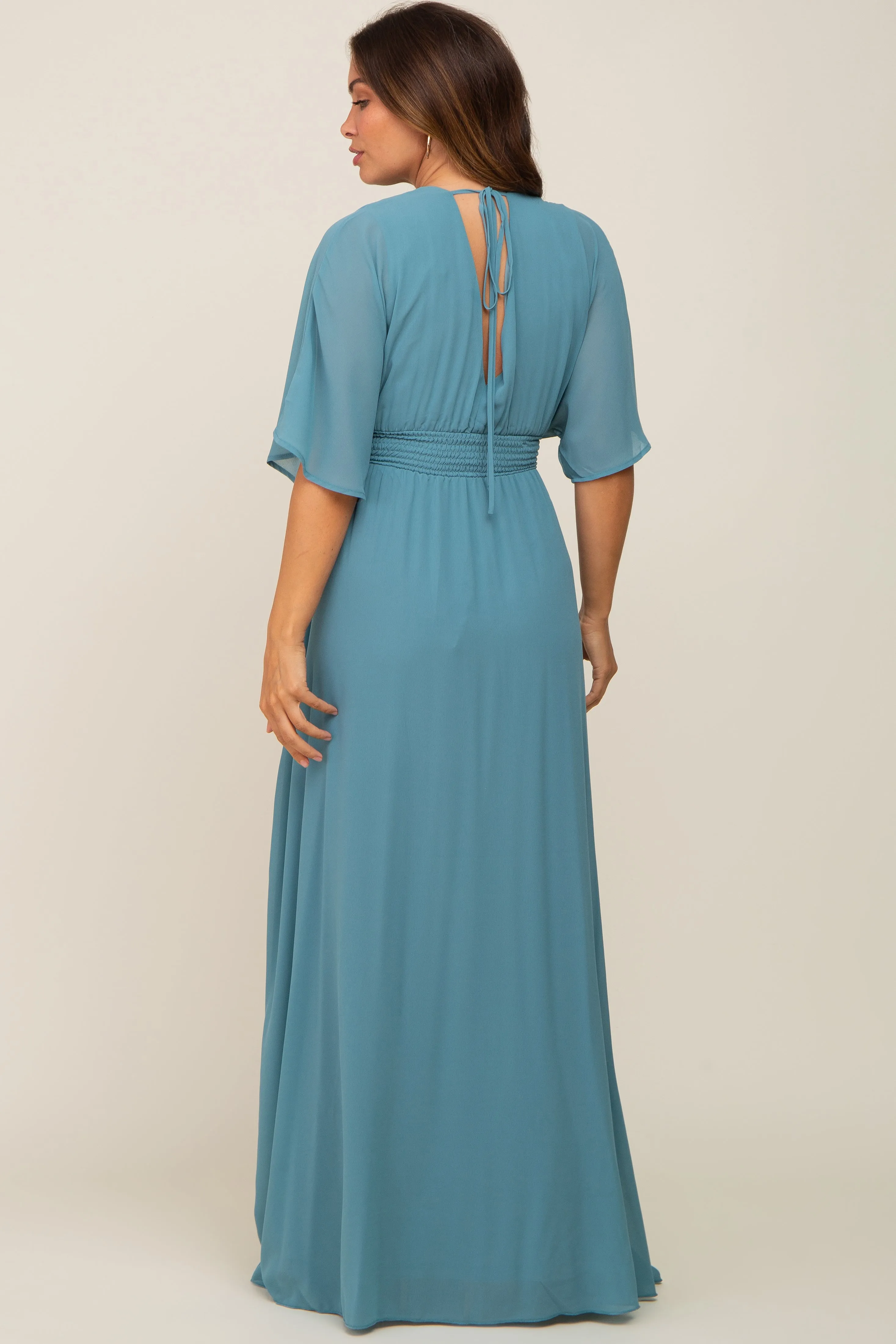 Turquoise Chiffon V-Neck Smocked Waist Maternity Maxi Dress sold by Pinkblush product image thumbnail 4