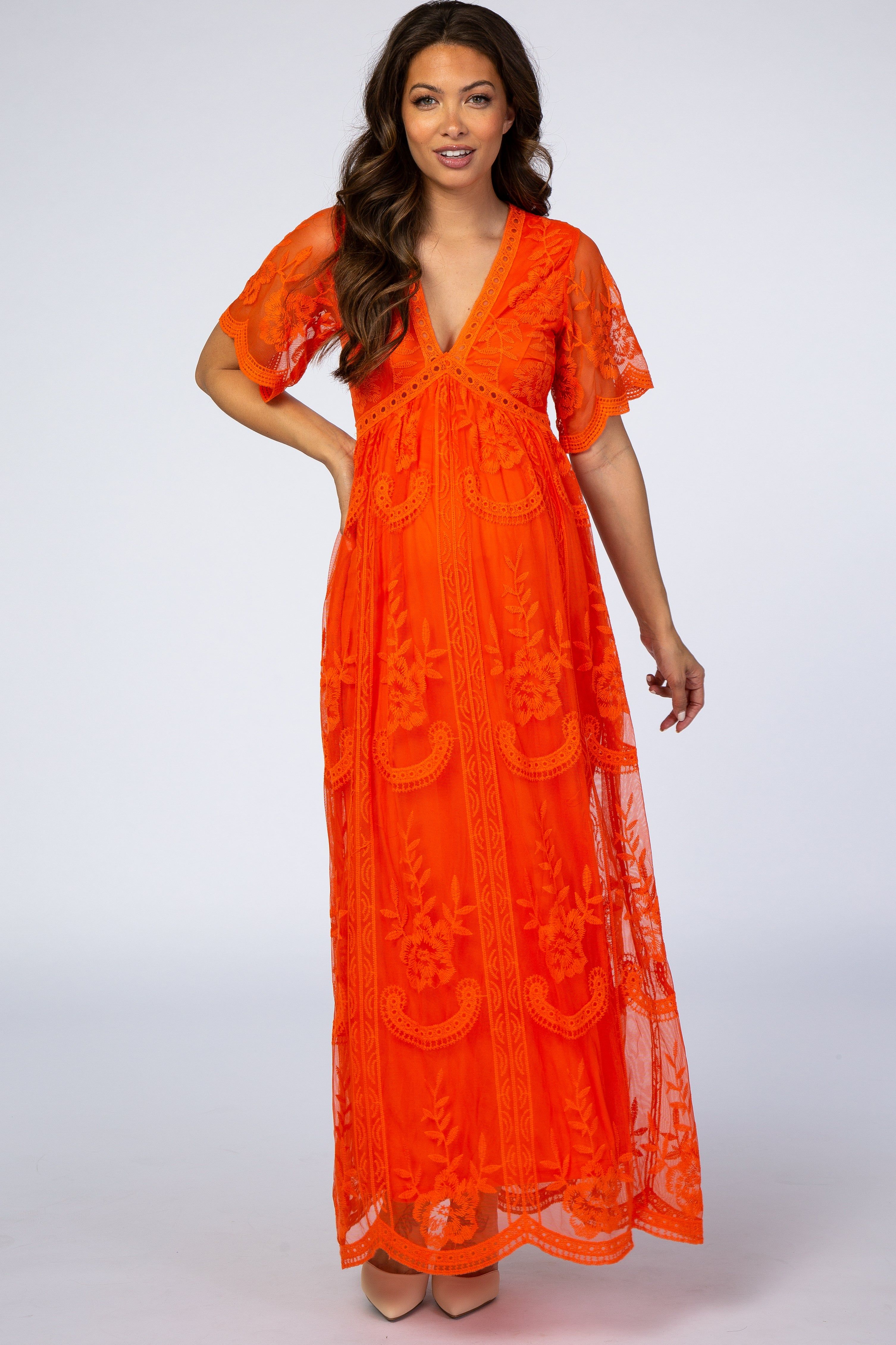 PinkBlush Neon Orange Lace Mesh Overlay Maternity Maxi Dress sold by Pinkblush