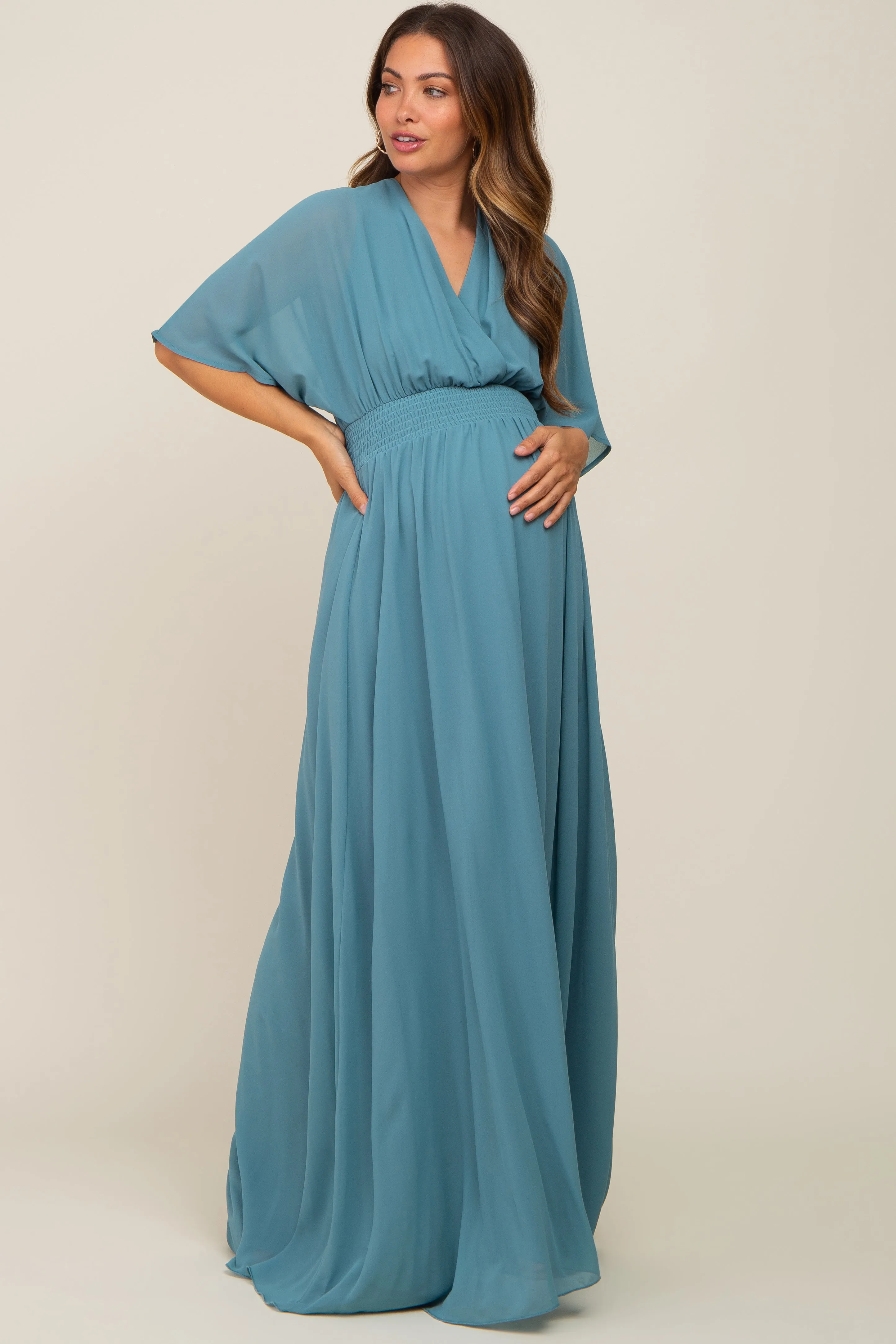 Turquoise Chiffon V-Neck Smocked Waist Maternity Maxi Dress sold by Pinkblush