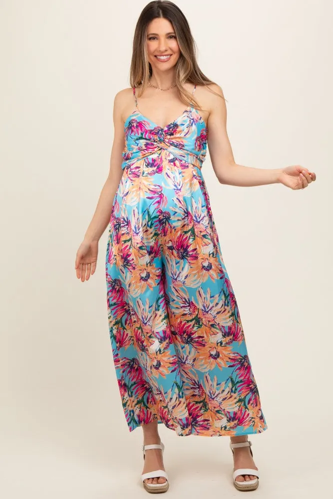 Light Blue Floral Front Twist Maternity Jumpsuit sold by Pinkblush