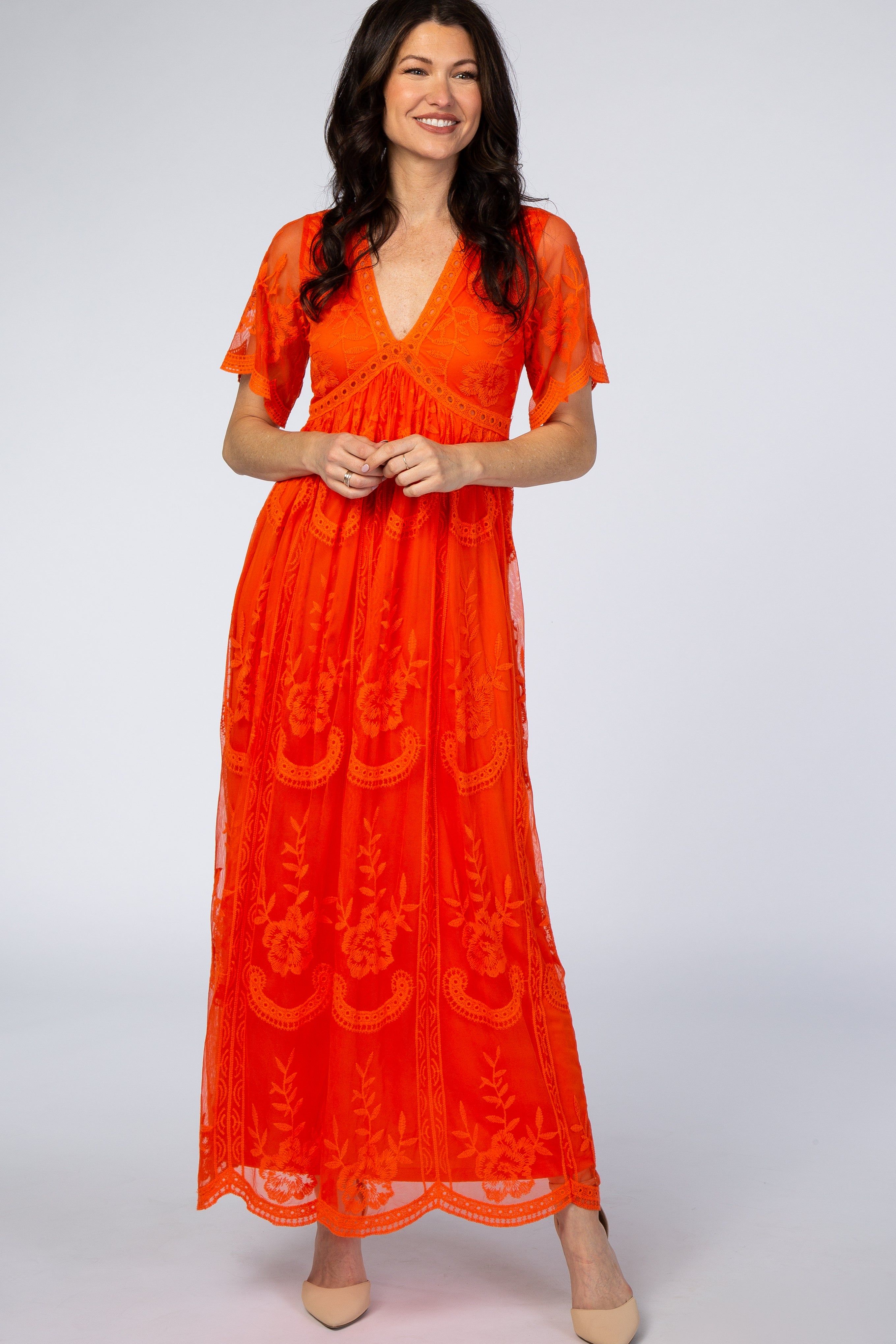PinkBlush Neon Orange Lace Mesh Overlay Maternity Maxi Dress sold by Pinkblush product image thumbnail 5