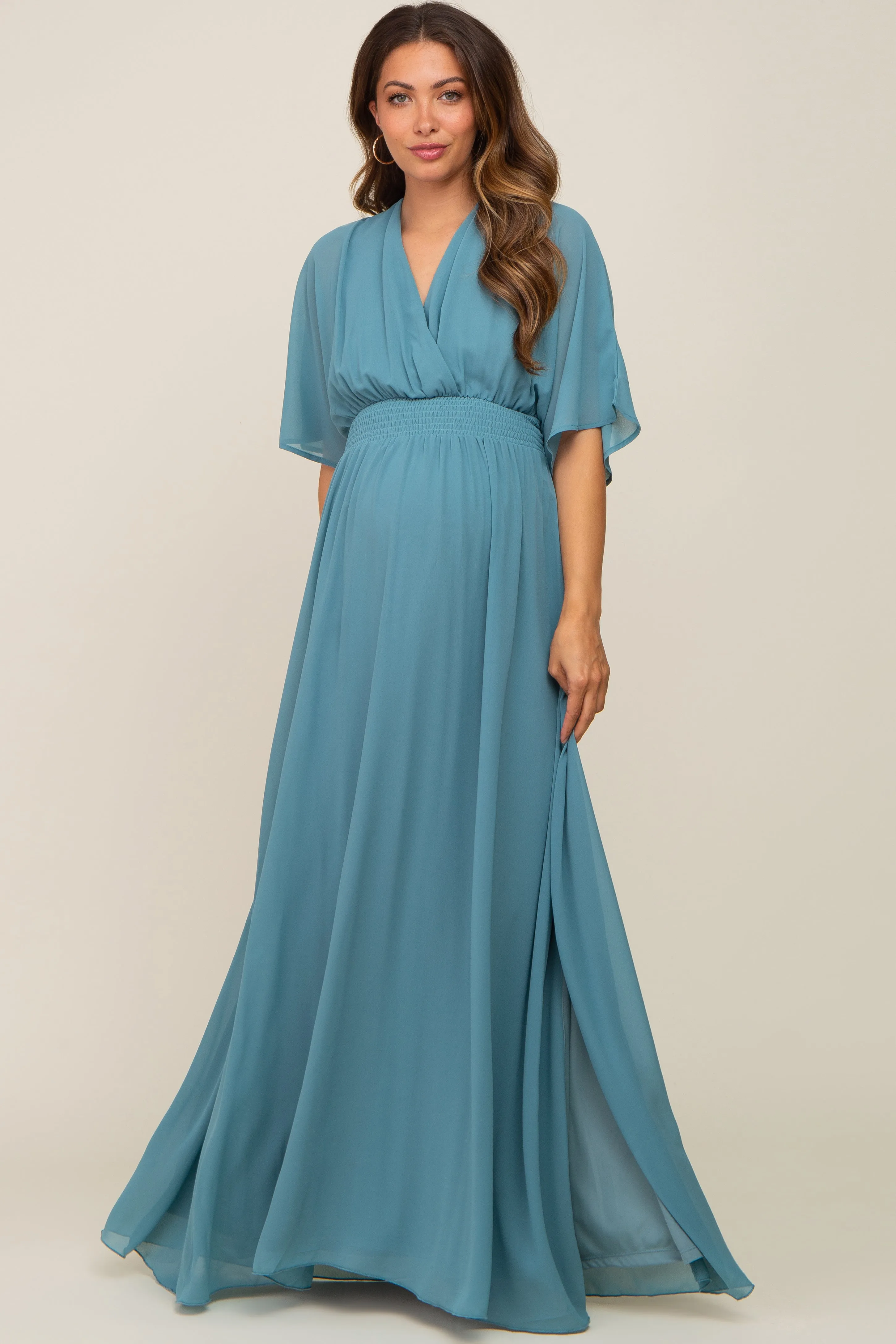 Turquoise Chiffon V-Neck Smocked Waist Maternity Maxi Dress sold by Pinkblush product image thumbnail 2