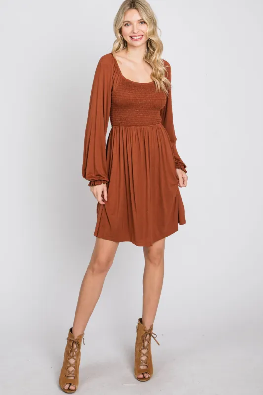Rust Smocked Front Babydoll Dress sold by Pinkblush