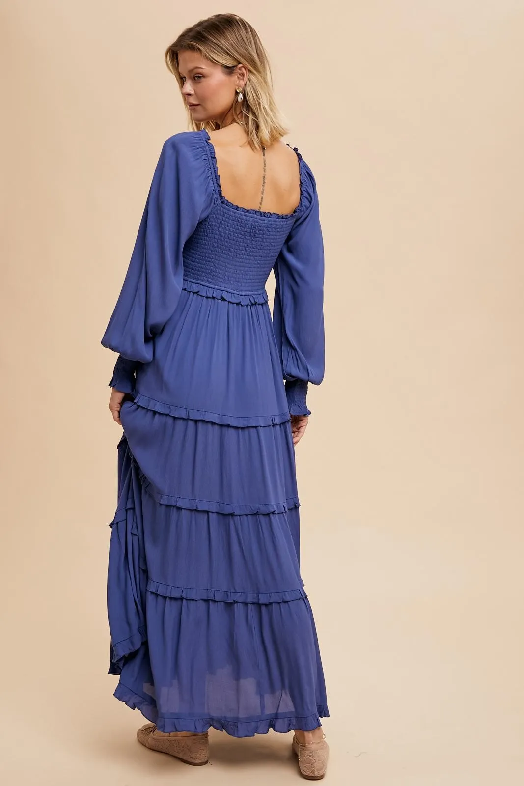 Periwinkle Smocked Long Sleeve Ruffle Tiered Maxi Dress sold by Pinkblush product image thumbnail 4
