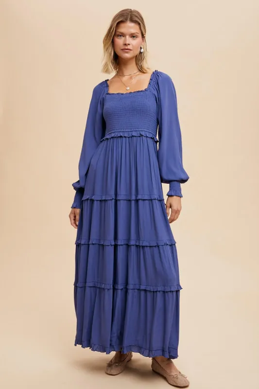 Periwinkle Smocked Long Sleeve Ruffle Tiered Maxi Dress sold by Pinkblush