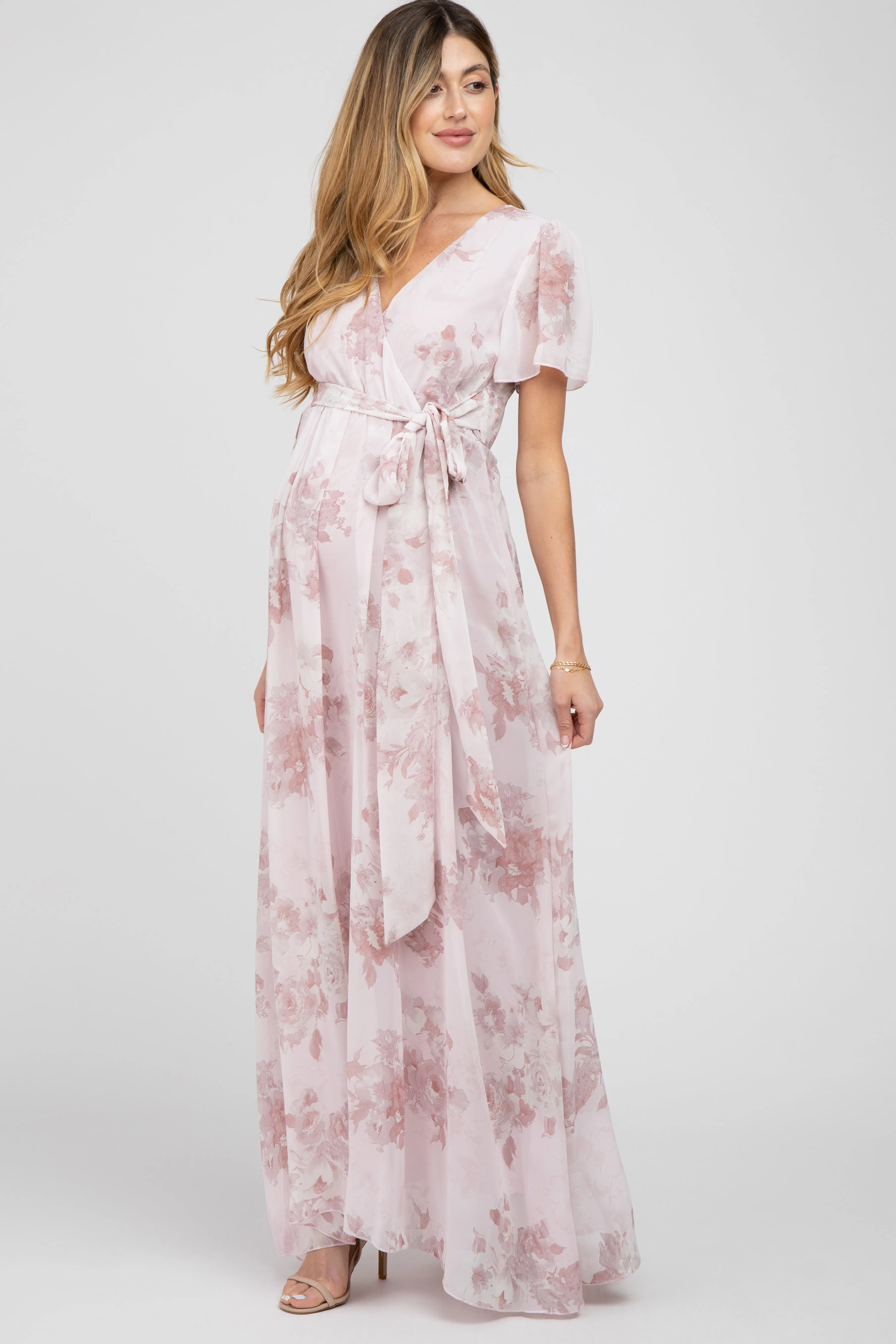 Light Pink Floral Chiffon Wrap Front Short Sleeve Maternity Maxi Dress sold by Pinkblush product image thumbnail 2